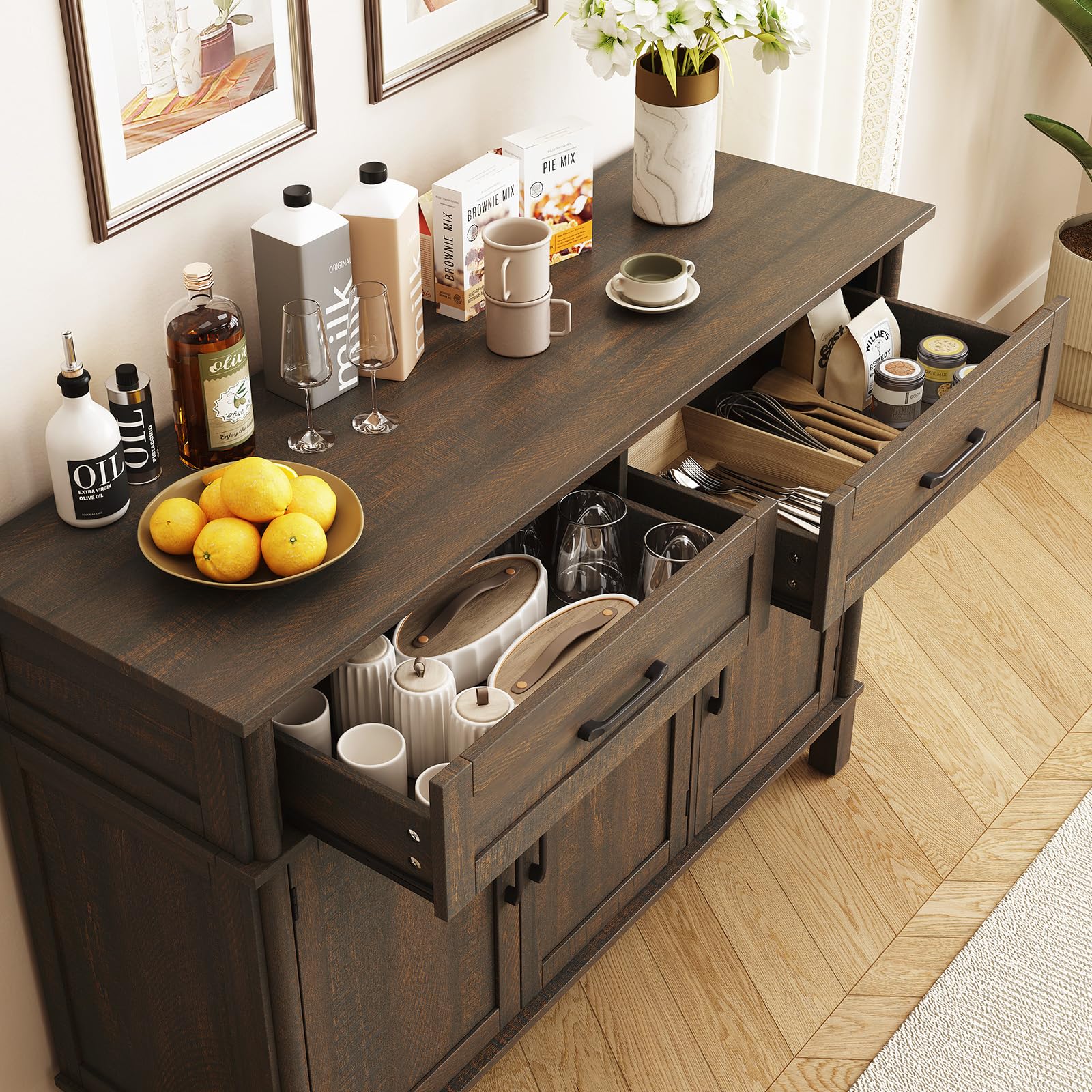 ONBRILL 48 Inches Buffet Cabinet with Storage, Farmhouse Sideboard Buffet w/2 Drawers and 3 Doors, Wood Coffee Bar Cabinet with Adjustable Shelves, Sideboard Storage for Kitchen, Living Room, Black