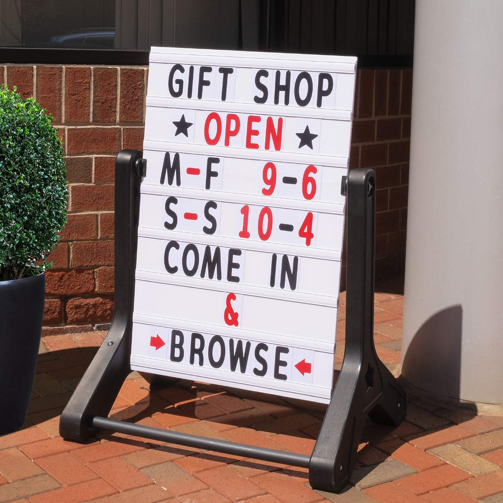 Swinging Changeable Message Sidewalk Sign: 24" x 36" Sign with 792 Pre-Cut Double Sided Letters and Storage Box. Includes Black Board & Letter Board (Black Color Legs)