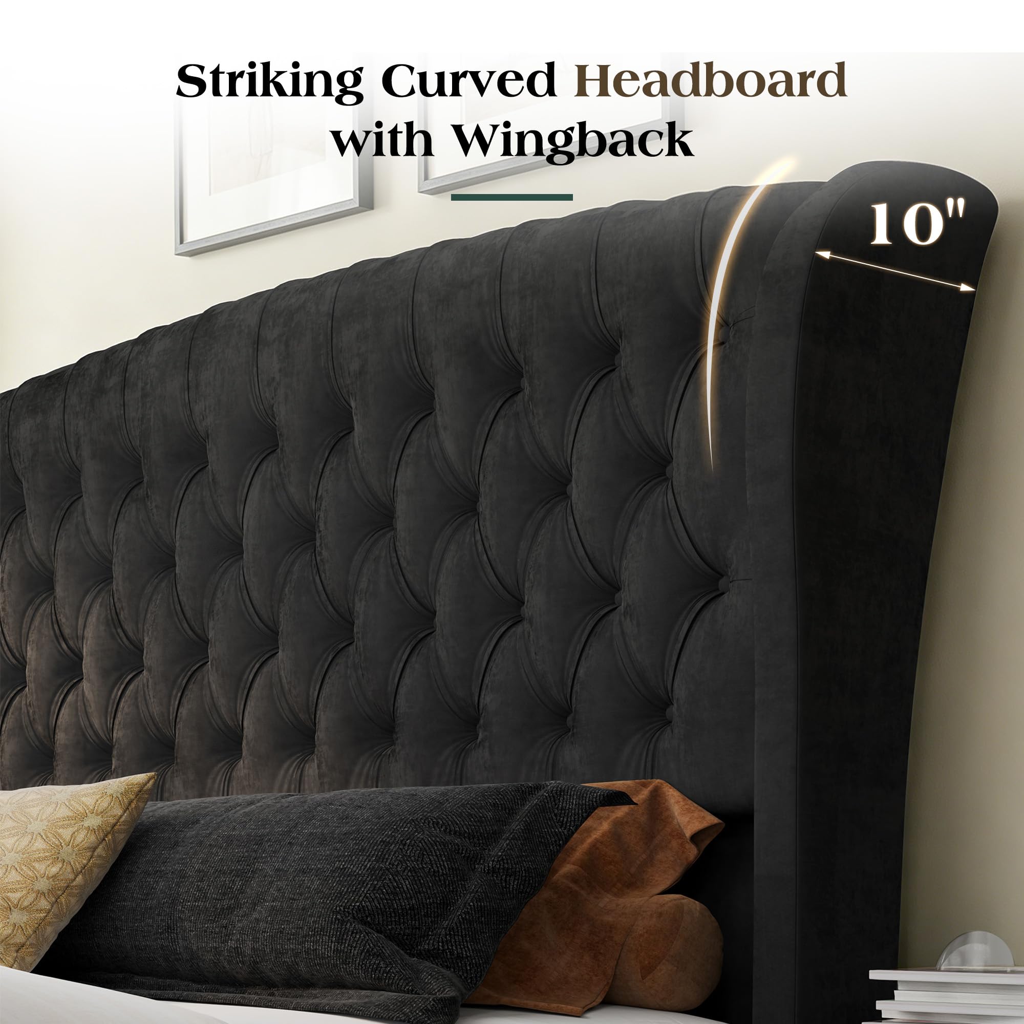 LUXOAK Queen Size Platform Bed Frame, Velvet Upholstered Sleigh Bed with Curved Headboard & Footboard, Deep Button Tufted, Wood Slats Support, No Box Spring Needed, Black