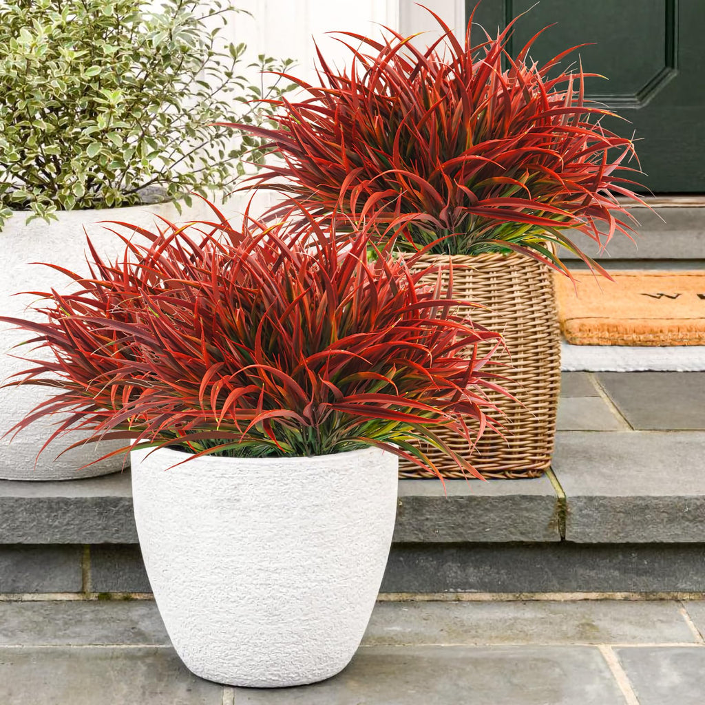 Uieke 28 Bundles Artificial Outdoor Plants UV Resistant Fake Grass Plants Faux Plastic Plants Greenery Shrubs for Home Garden Pathway Window Box Front Porch Cemetery Fall Decor, Autumn Red