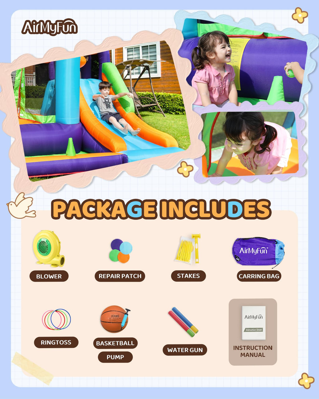 AirMyFun Bounce House for Kids and Toddler, Inflatable Bouncy Castle with Blower Outdoor Indoor Backyard Jumping House with Slide (82003)