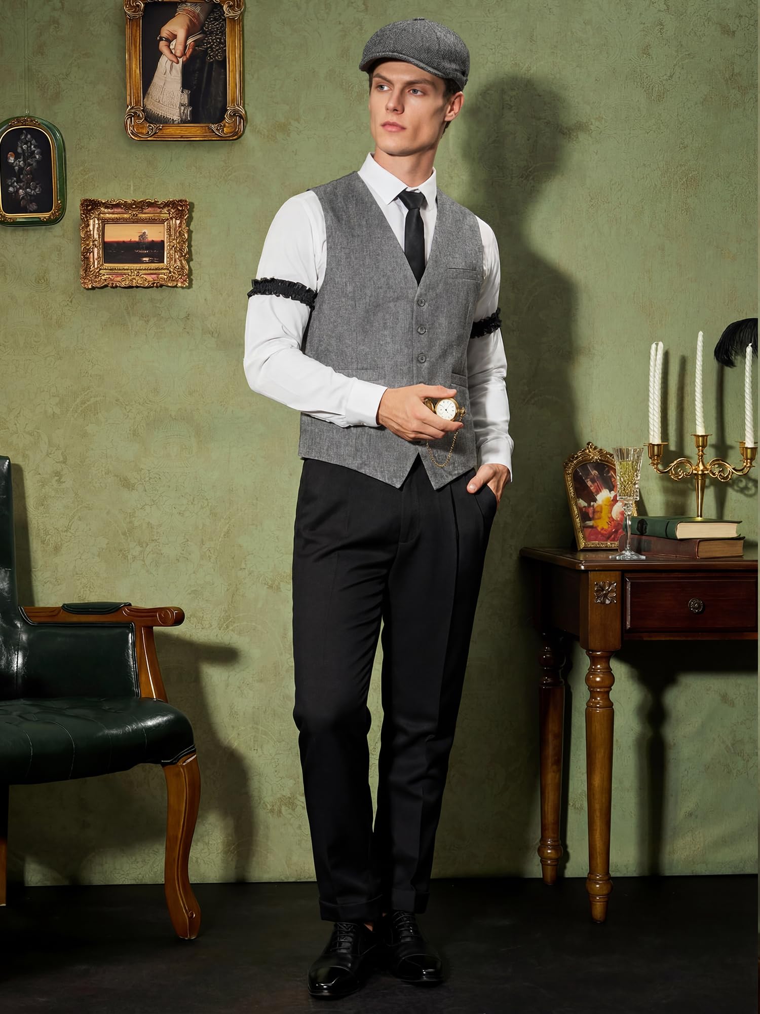 YESSA 1920s Mens Costume,Roaring 20s Costumes for Men,Gatsby Costume Men,1920s Mens Outfit Hat Vest Pocket Watch Tie