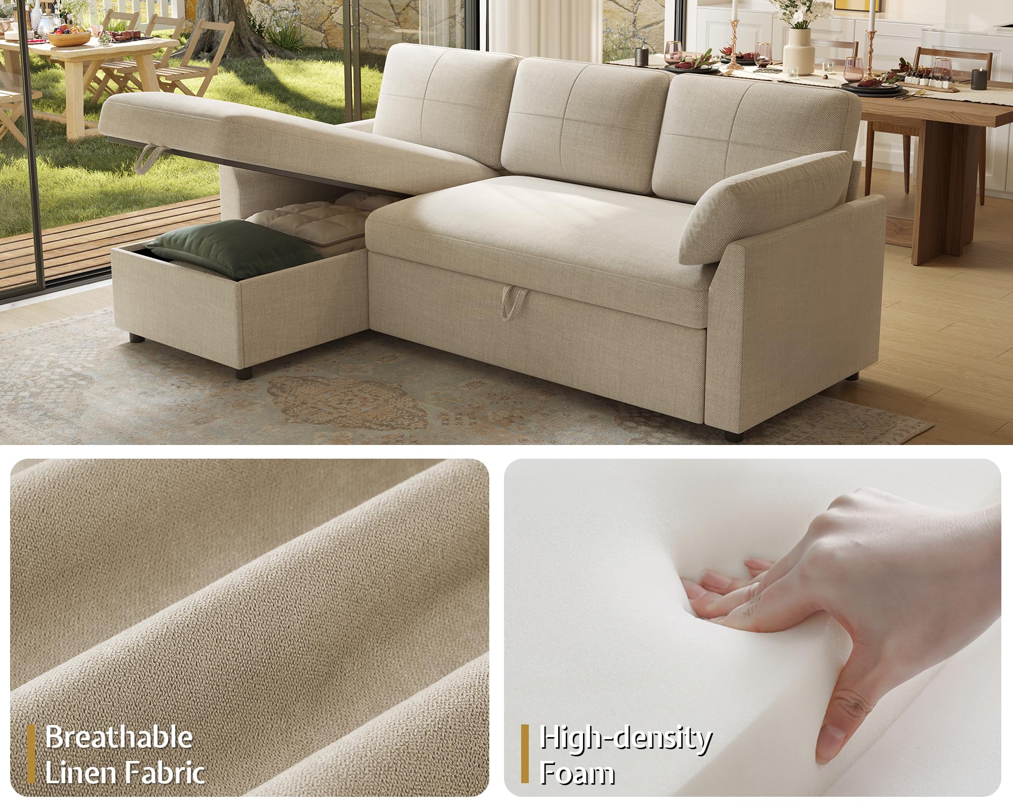 PaPaJet Sofa Bed, Sleeper Sofa with Storage Chaise, L Shaped Sofa with Pull Out Bed, Oversized Sofas for Living Room, Beige