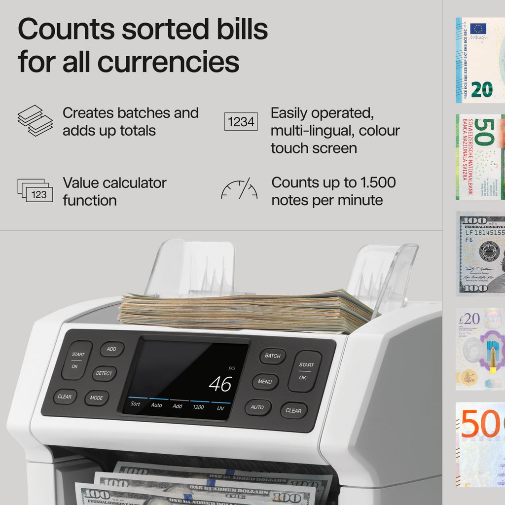 Safescan 2210 Money Counter Machine with Counterfeit Detection, Add/Batch Modes, LCD-Display, High-Speed Counts 1,000 bills per minute, 2 Point Counterfeit Check - Sorted Counter for All Currencies