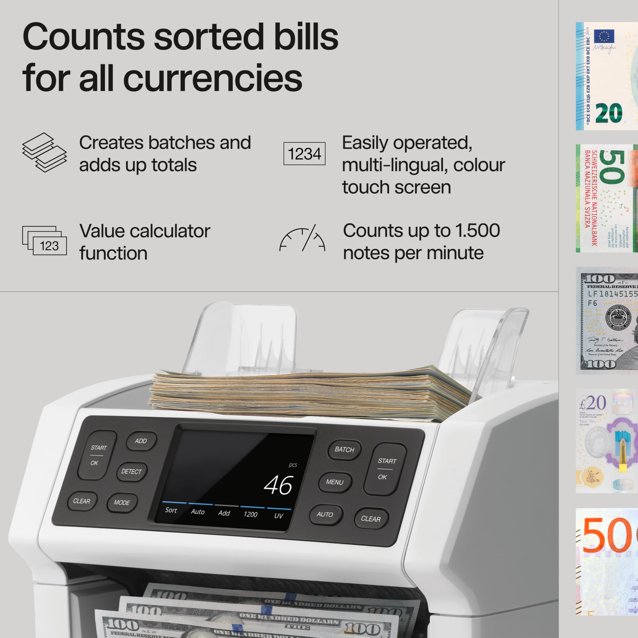 Safescan 2210 Money Counter Machine with Counterfeit Detection, Add/Batch Modes, LCD-Display, High-Speed Counts 1,000 bills per minute, 2 Point Counterfeit Check - Sorted Counter for All Currencies