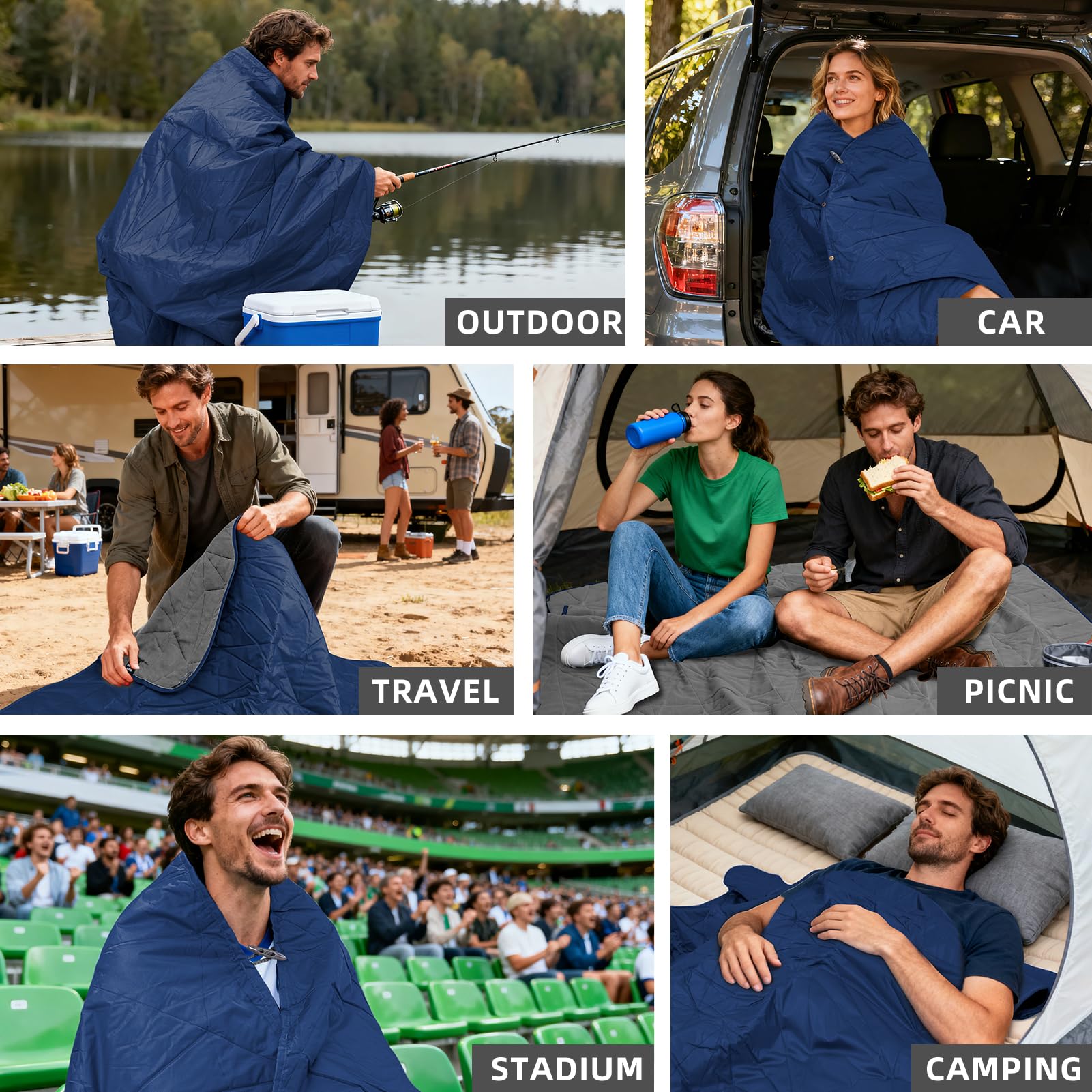 Large Outdoor Waterproof Blanket Extra Thick Fleece Stadium Blanket for Camping, Car, Pet, Picnics - Windproof, Wearable, Machine Washable 80" x 58" (Black Check)