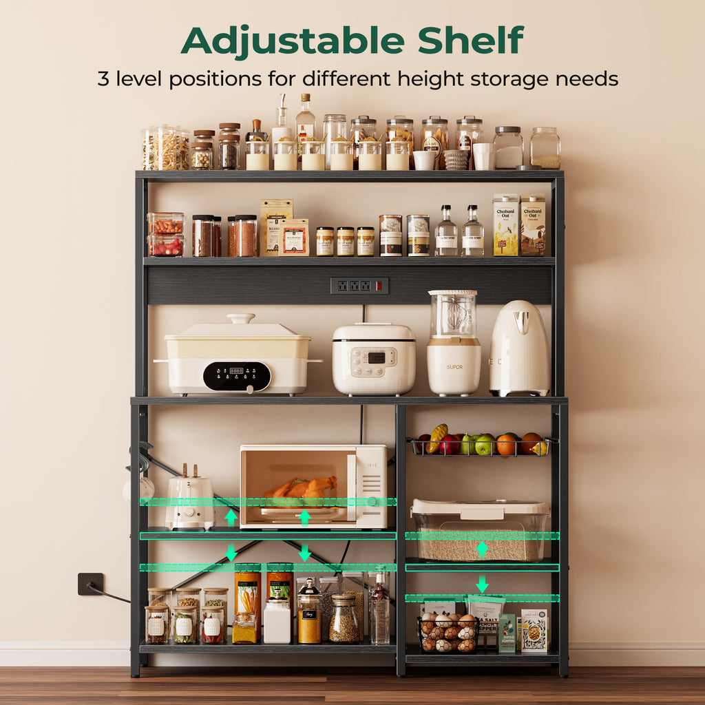 SUPERJARE Bakers Rack with Power Outlet, 35.4 Inches Coffee Bar with Wire Basket, Kitchen Microwave Stand with 6 S-Shaped Hooks, Open Storage Shelves, Black