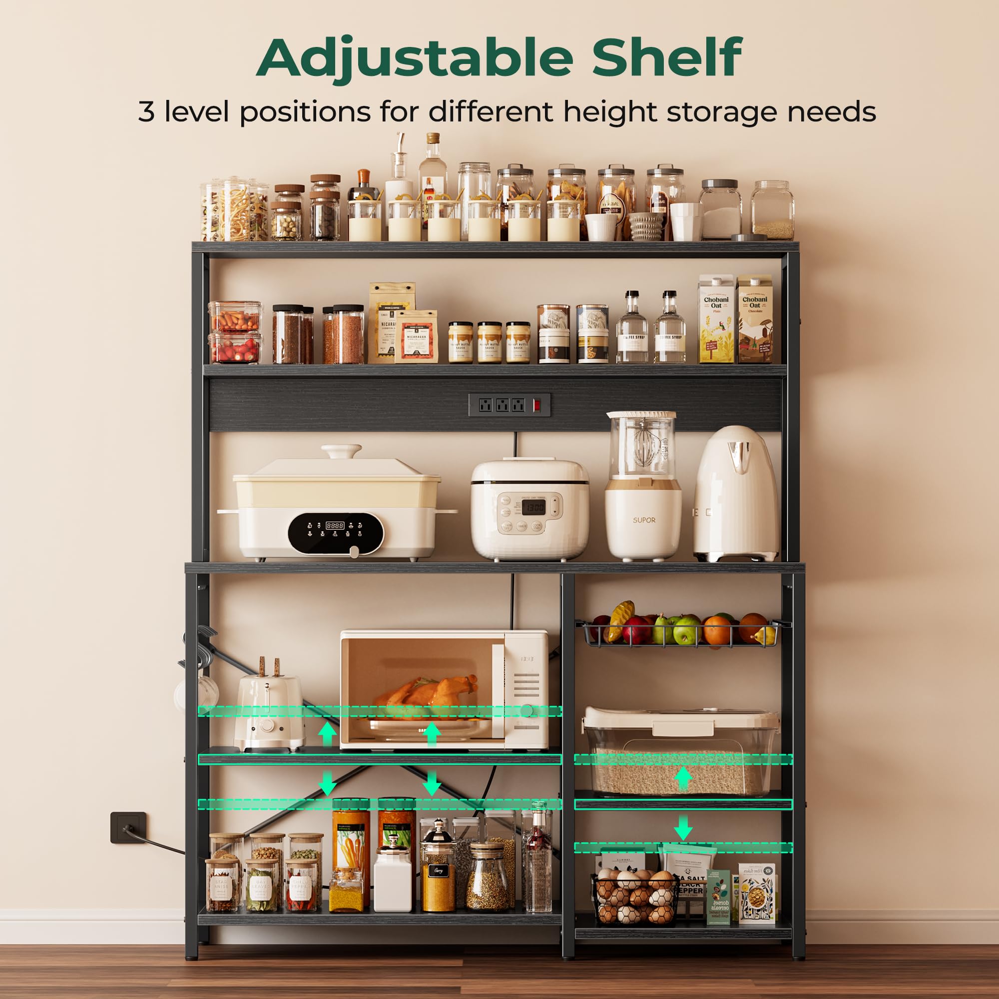 SUPERJARE Bakers Rack with Power Outlet, 35.4 Inches Coffee Bar with Wire Basket, Kitchen Microwave Stand with 6 S-Shaped Hooks, Open Storage Shelves, Black