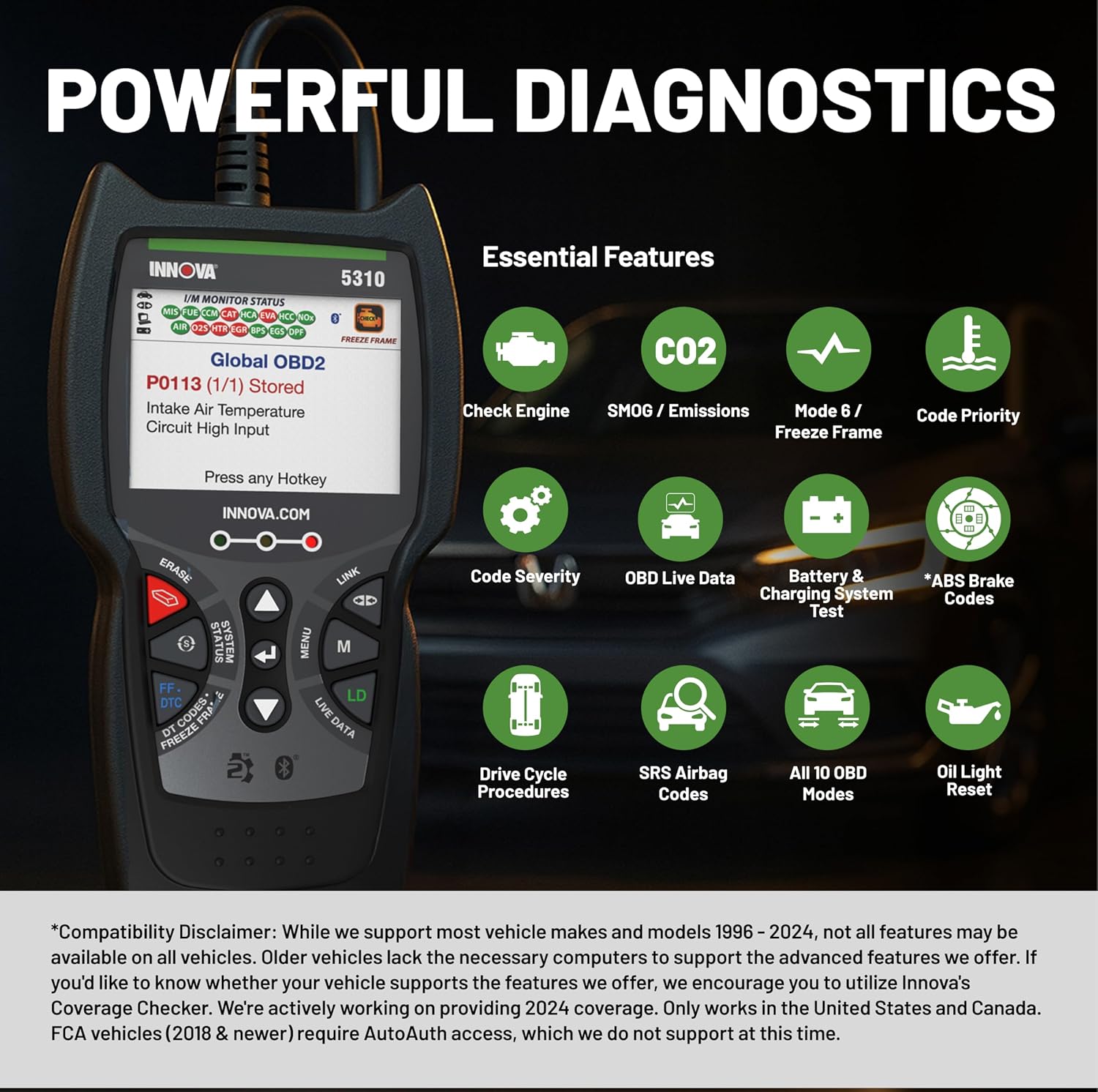 INNOVA 5310 OBD2 Scanner – ABS & SRS Code Reader, Check Engine Light Diagnostic Tool with Battery Test, Oil Reset, Live Data – Works with Most OBDII Vehicles 1996 & Newer