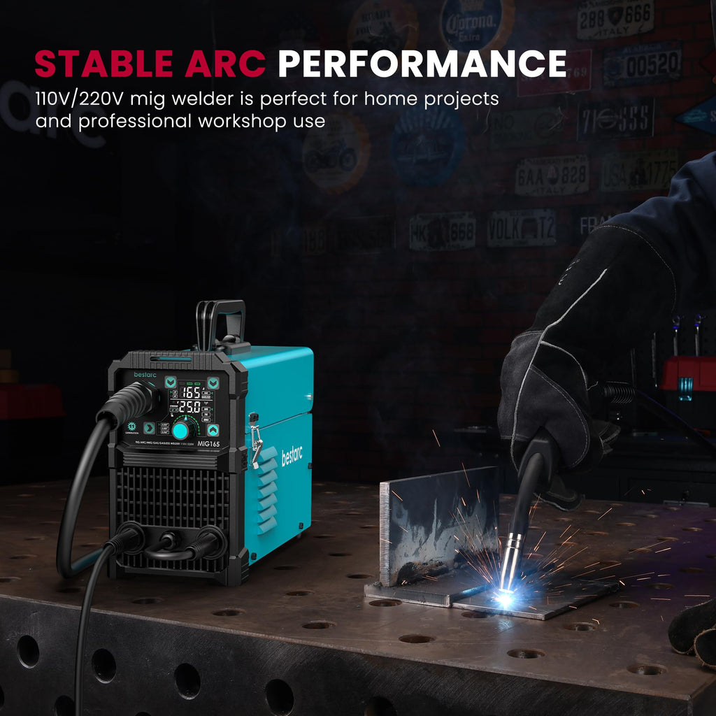 Bestarc 145A MIG Welder, 110V 220V 4 in 1 Gas/Flux Core MIG/Lift TIG/Stick Welder Machine, Large LED Display Welding Machine, IGBT Inverter Welder MIG145 Soild Gasless Synergy MIG Welder