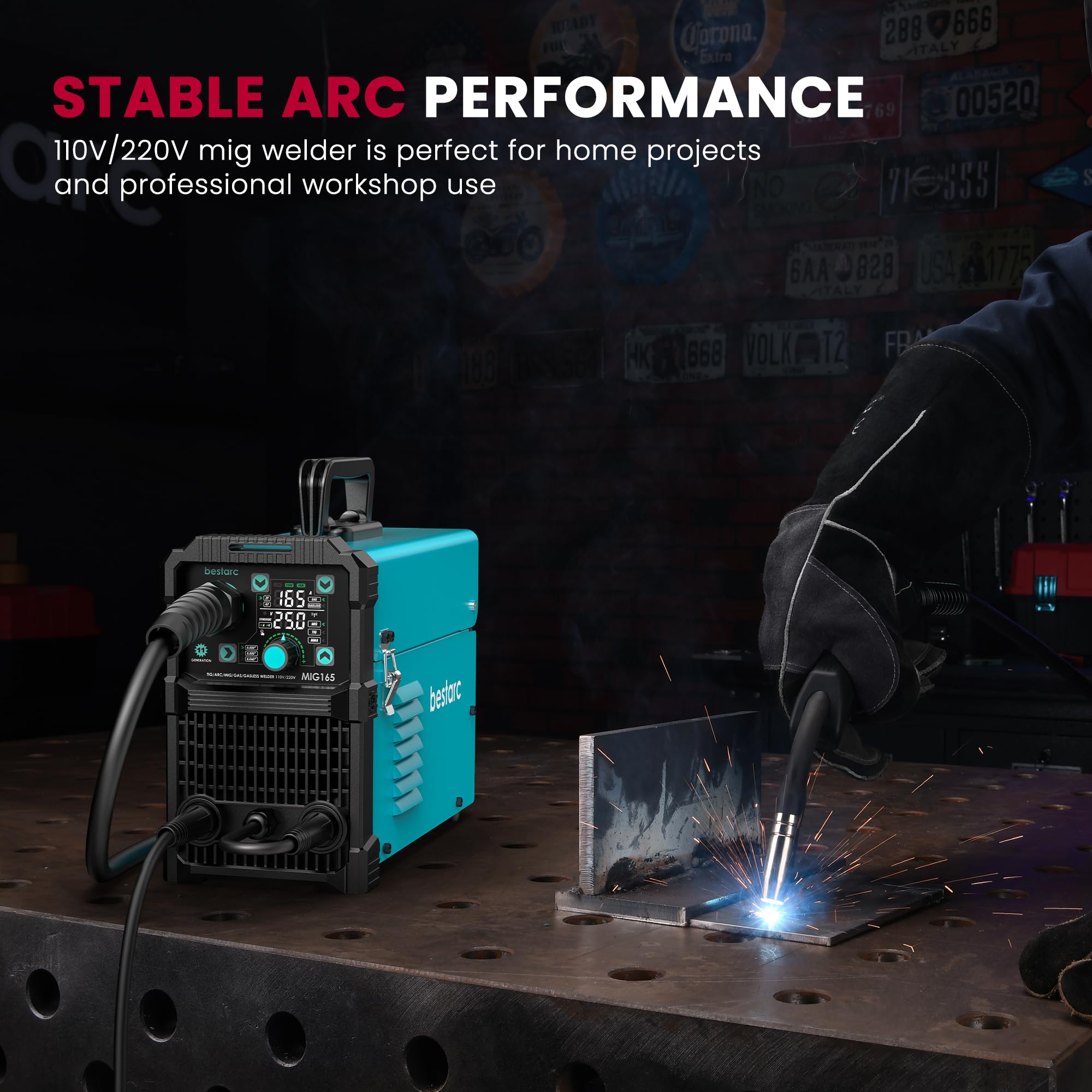 Bestarc 145A MIG Welder, 110V 220V 4 in 1 Gas/Flux Core MIG/Lift TIG/Stick Welder Machine, Large LED Display Welding Machine, IGBT Inverter Welder MIG145 Soild Gasless Synergy MIG Welder