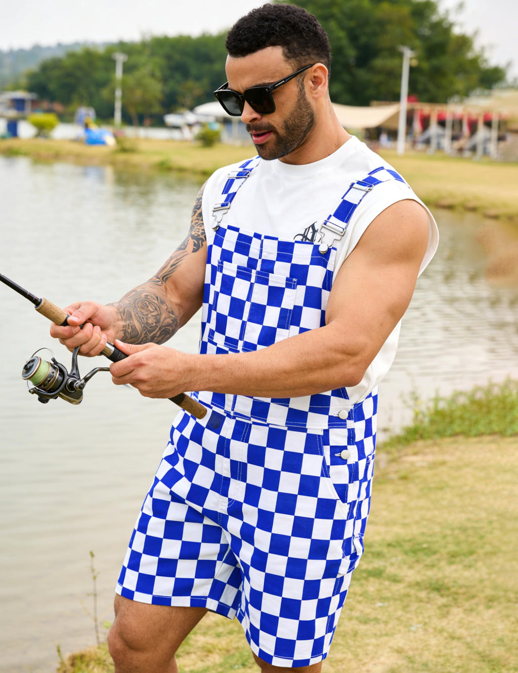 Odefou Checkered Bib Overalls for Men Jumpsuit Shorts Work Coveralls