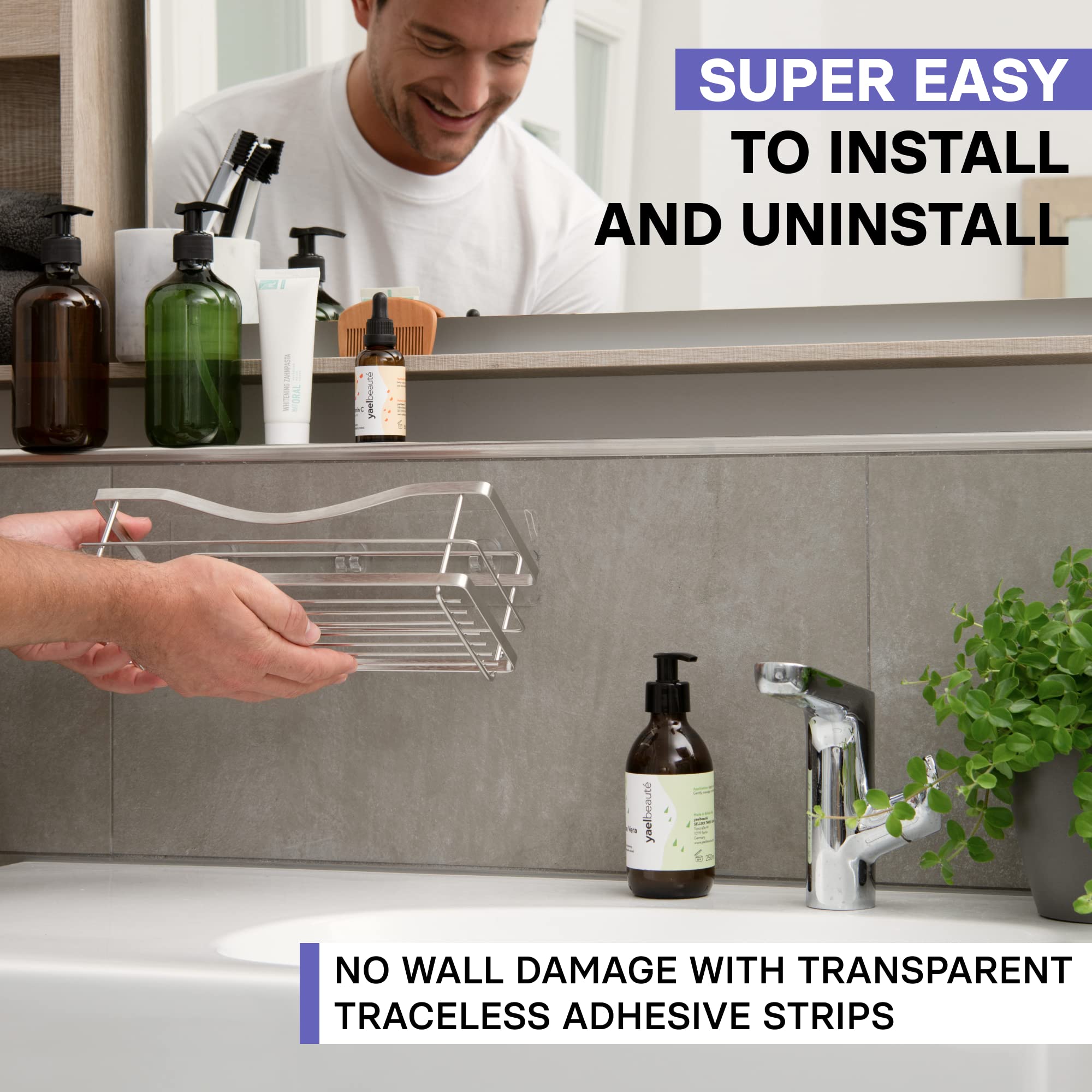 KINCMAX Premium Shower Caddy, Self Adhesive Shower Organizer w/ 4 Hooks, No Drill Shelves for Inside Shower, Rustproof Stainless Steel Shower Rack for Bathroom, Matte Black