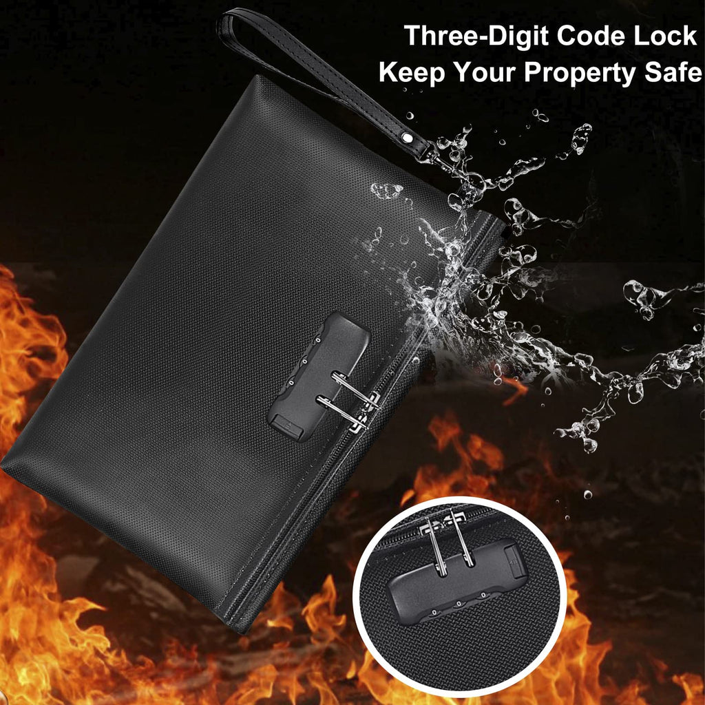 Fireproof Money Bag with Lock, 11.2"x7.6" Fireproof Cash Bag with Zipper Closure, Storage Pouch for A5 Size Document, Cheque, Cash, Cell Phone, Tablet, Credit Card, Passport, Jewelry (Black)