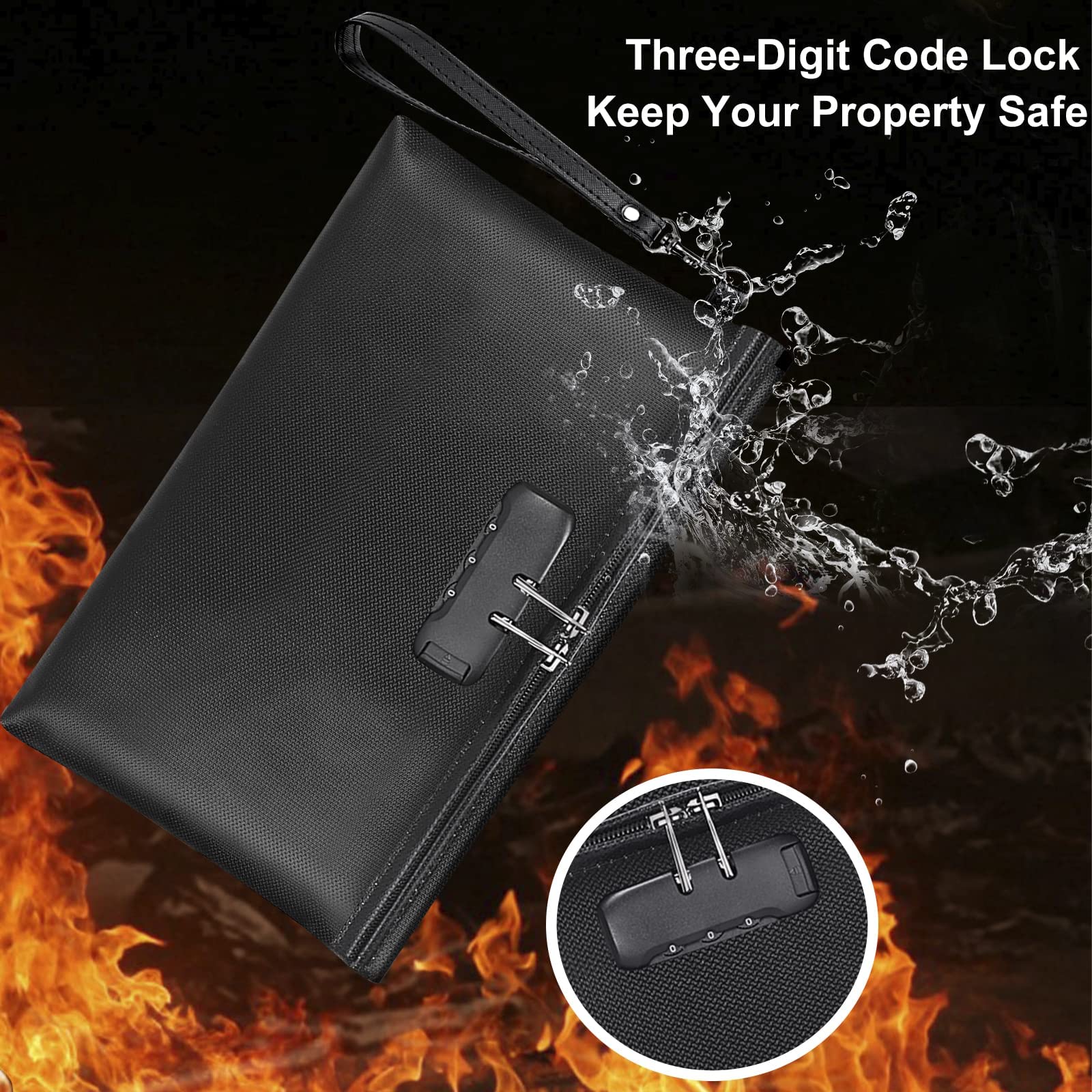 Fireproof Money Bag with Lock, 11.2"x7.6" Fireproof Cash Bag with Zipper Closure, Storage Pouch for A5 Size Document, Cheque, Cash, Cell Phone, Tablet, Credit Card, Passport, Jewelry (Black)