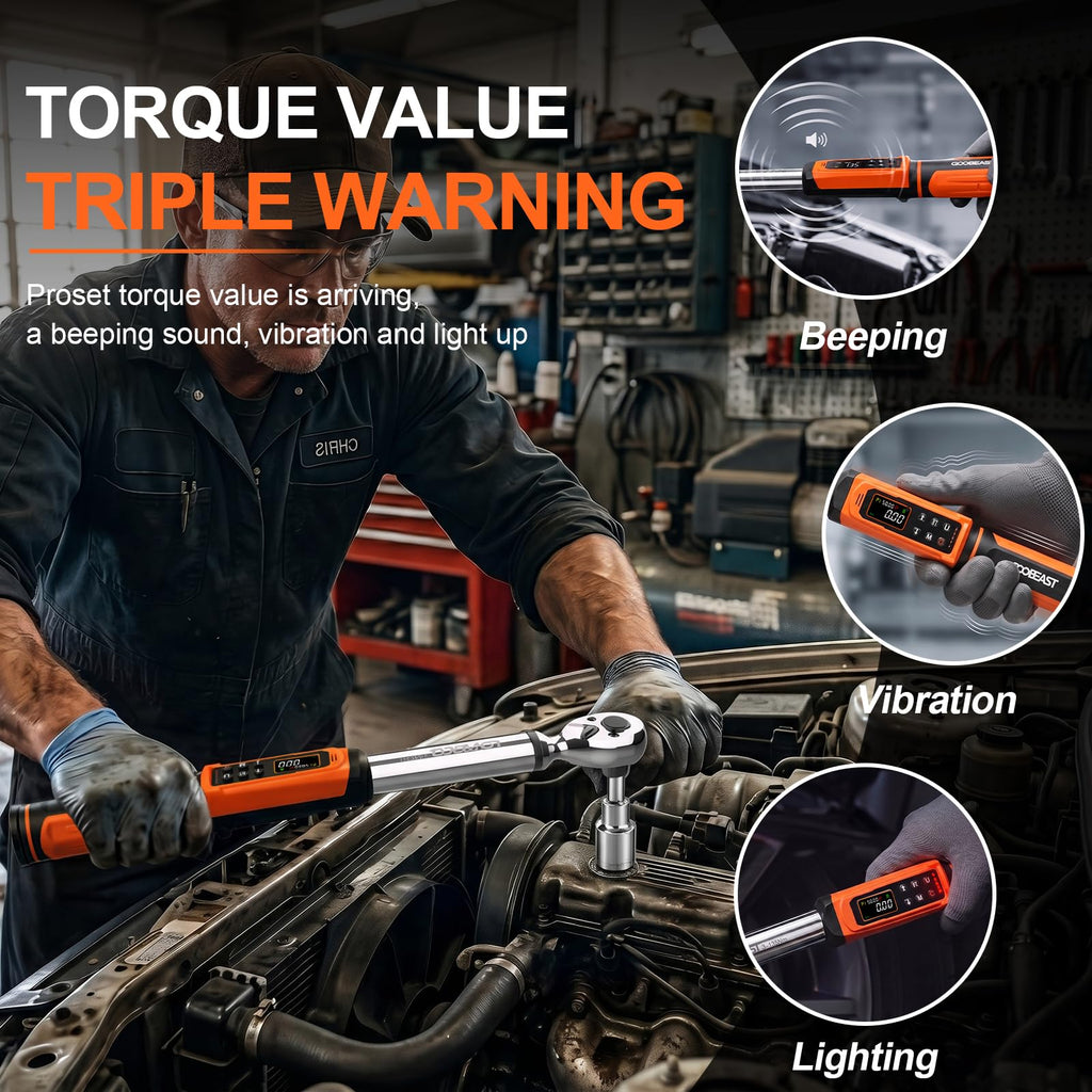 Digital Torque Wrench, 1/2 Drive Electronic Torque Screwdriver with Preset Value(3.76-250.8 Ft.lbs./5.1-340Nm), Buzzer and LED Flash Five Units of Measure Torque Wrench for Motorcycle, Auto Repair