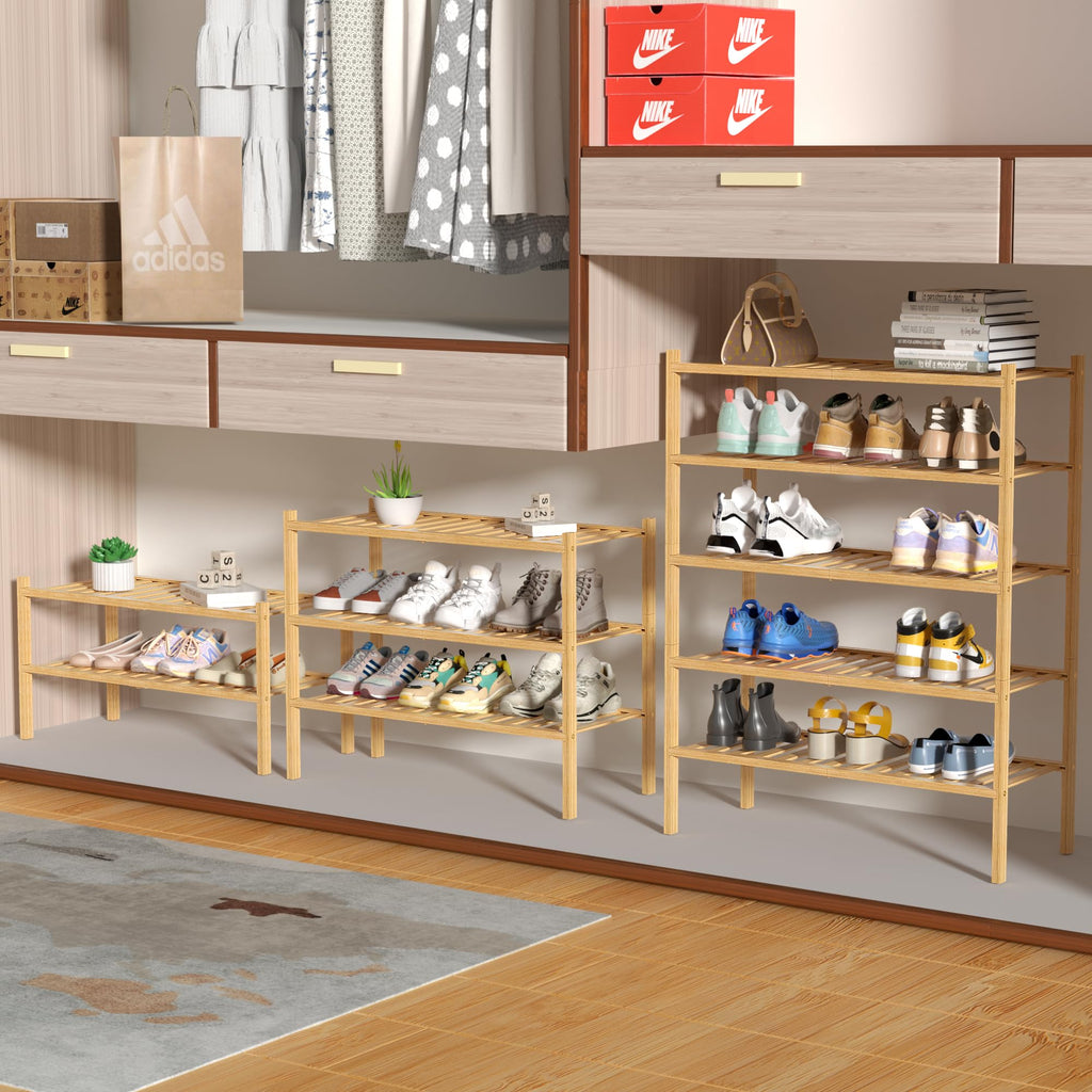 ROMGUAR CRAFT 2-Tier Bamboo Long Shoe Rack, Free Standing Wood Shoe Shelf Storage Organizer for Closet Entryway Stackable 35"x11"x13" (Black)
