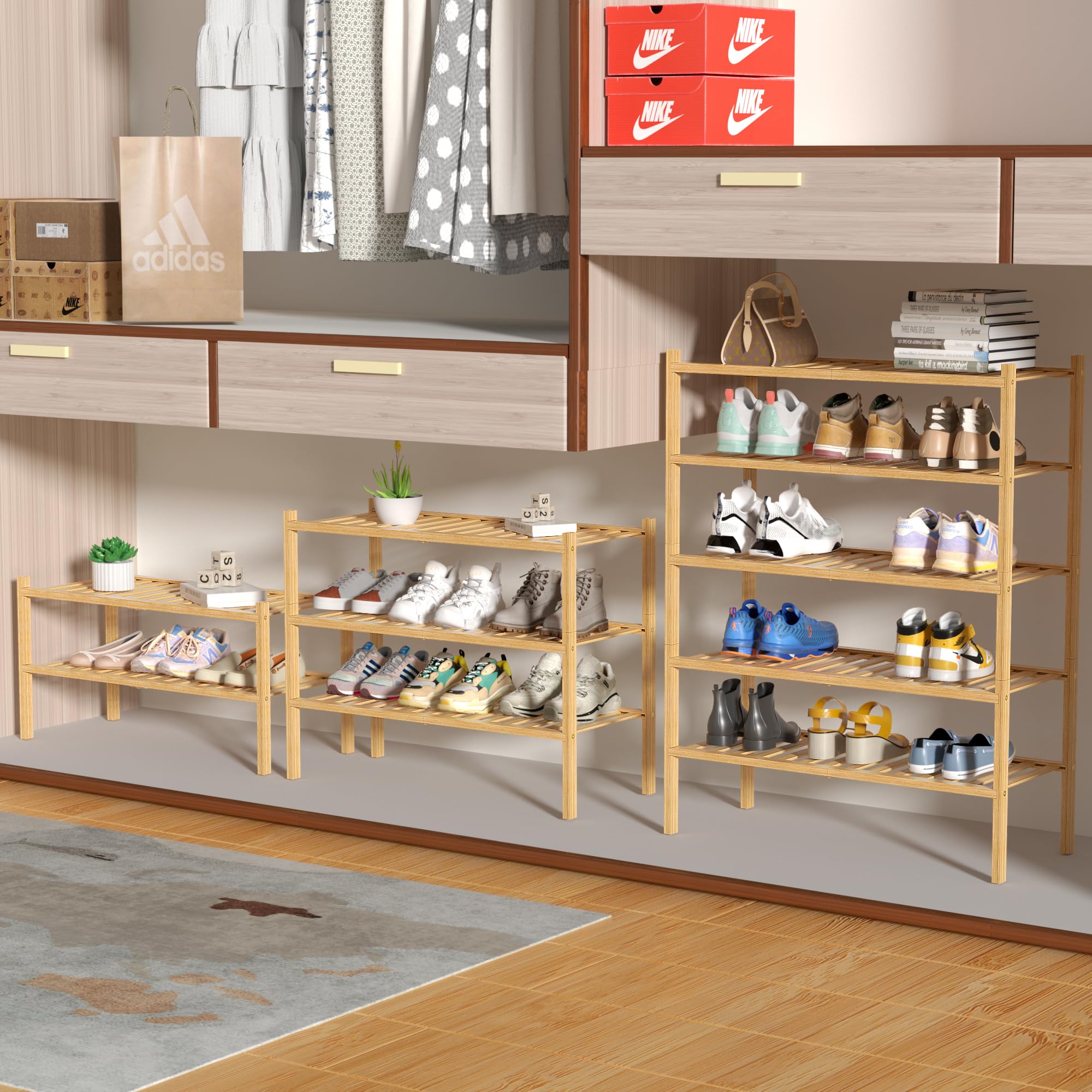 ROMGUAR CRAFT 2-Tier Bamboo Long Shoe Rack, Free Standing Wood Shoe Shelf Storage Organizer for Closet Entryway Stackable 35"x11"x13" (Black)