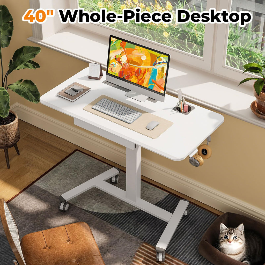 Small Mobile Standing Desk with Drawer, 23.6"x19.7" Rolling Laptop Cart on Wheels, Height Adjustable Sit Stand Computer Workstation with Storage for Compact Space, Black