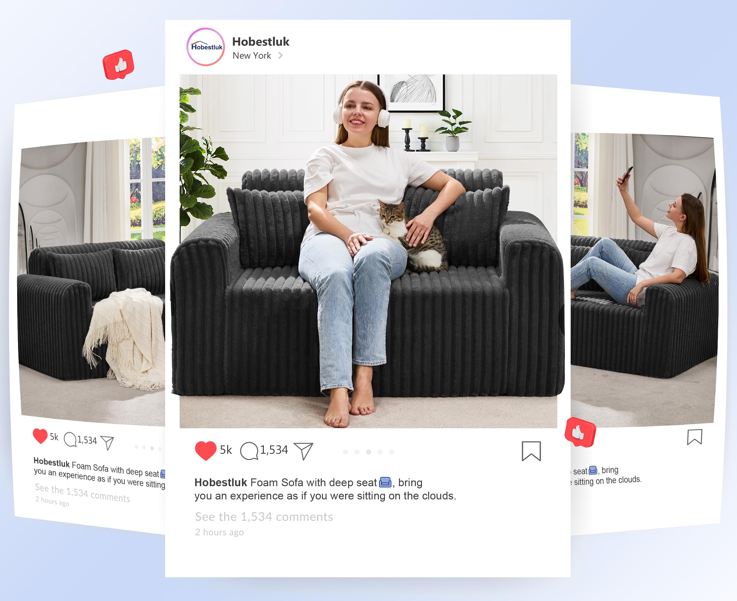Hobestluk Single Sofa Foam Couch Sofa for Small Spaces Comfy Sofas with Removable Cover Furry Couch with Pillows for Living Room, Bedroom, Apartment, Office (Black, Standard)