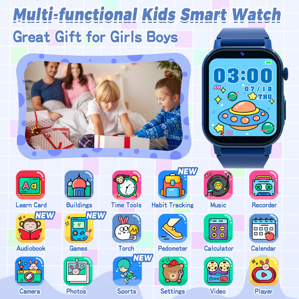 Kids Smart Watch Boys, Kids Game Smart Watch with 32 Games HD Touch Screen Video Camera Music Player Audiobooks Pedometer Flashlight Alarm Clock 12/24 hr, Toys Gift for 3-12 Years Old Boys Girls