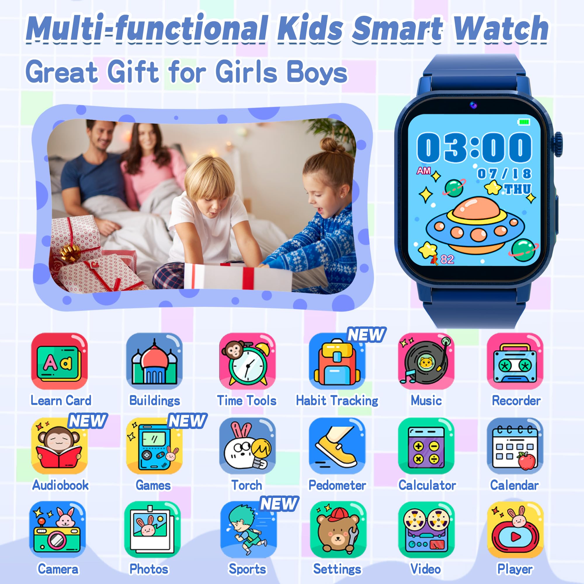 Kids Smart Watch Boys, Kids Game Smart Watch with 32 Games HD Touch Screen Video Camera Music Player Audiobooks Pedometer Flashlight Alarm Clock 12/24 hr, Toys Gift for 3-12 Years Old Boys Girls