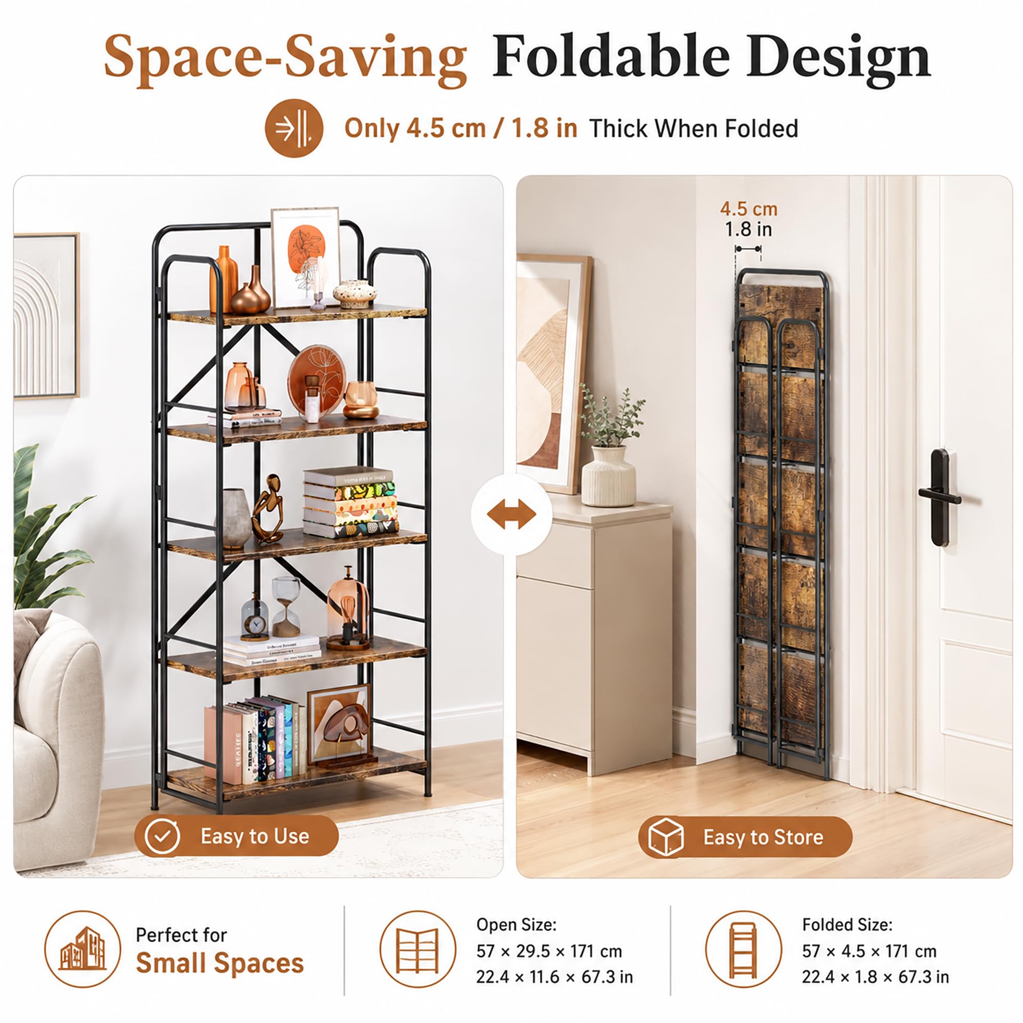 4NM No Assembly Folding Bookshelf, 3 Tiers Collapsible Book Shelves Open Industrial Foldable Storage Bookcase Shelf for Bedroom, Living Room, Home Office - Natural and White
