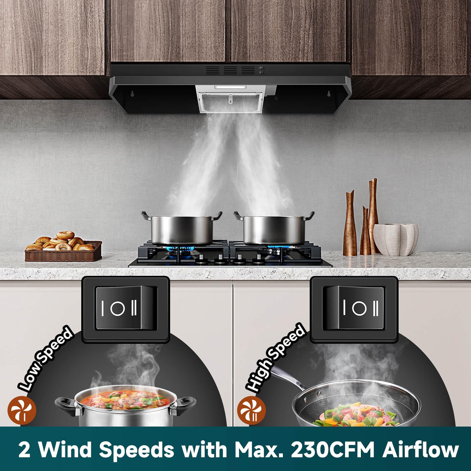SNDOAS Black Range Hood 24 inch,Ducted/Ductless Range Hood Under Cabinet,Black Coating Stainless Kitchen Exhaust Hood with 2-speed Fan,230 CFM,Rocker Switch,Hard-wired Stove Vent, Ventless Hood