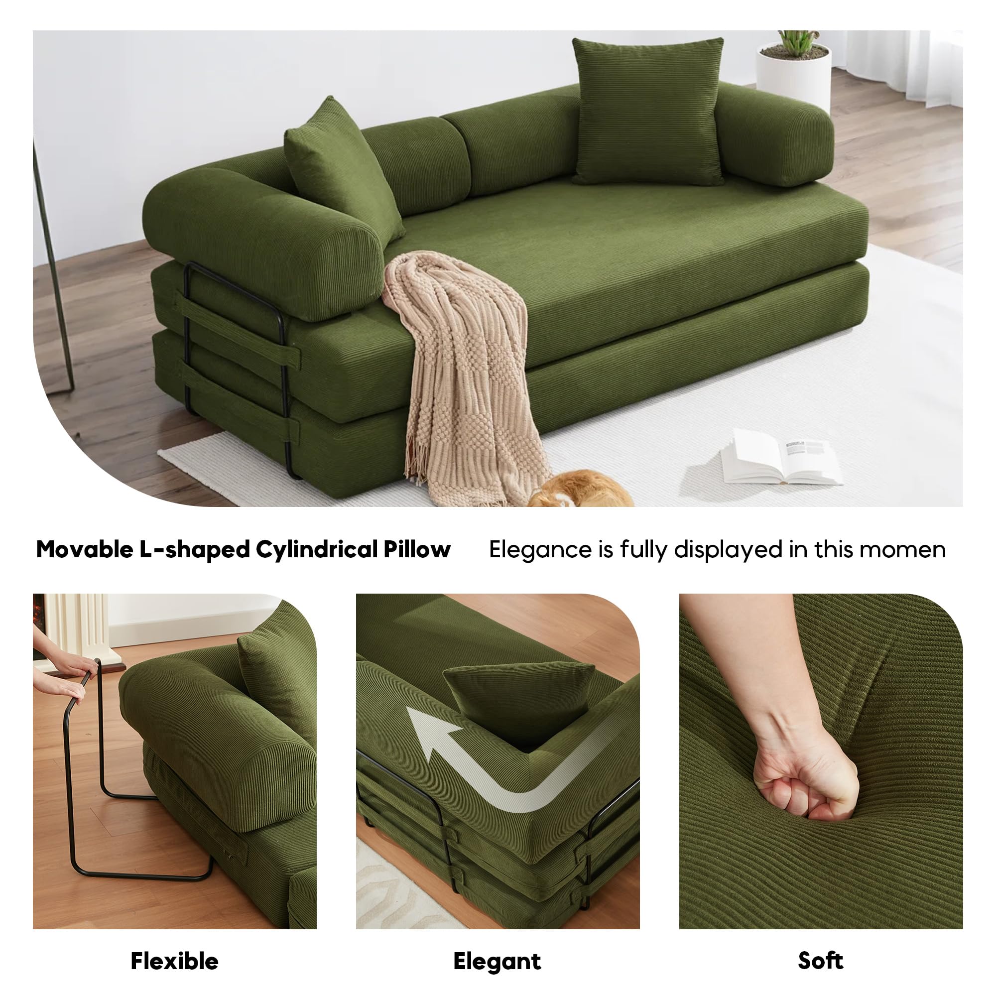 ZEIINPA 59“ Convertible Floor Sofa Bed, 5-in-1 Futon Sofa Bed Pull Out Sleeper Couch, Modern Corduroy Compressed Loveseat, Modular Boneless Couches for Living Room, No Assembly Required, Beige