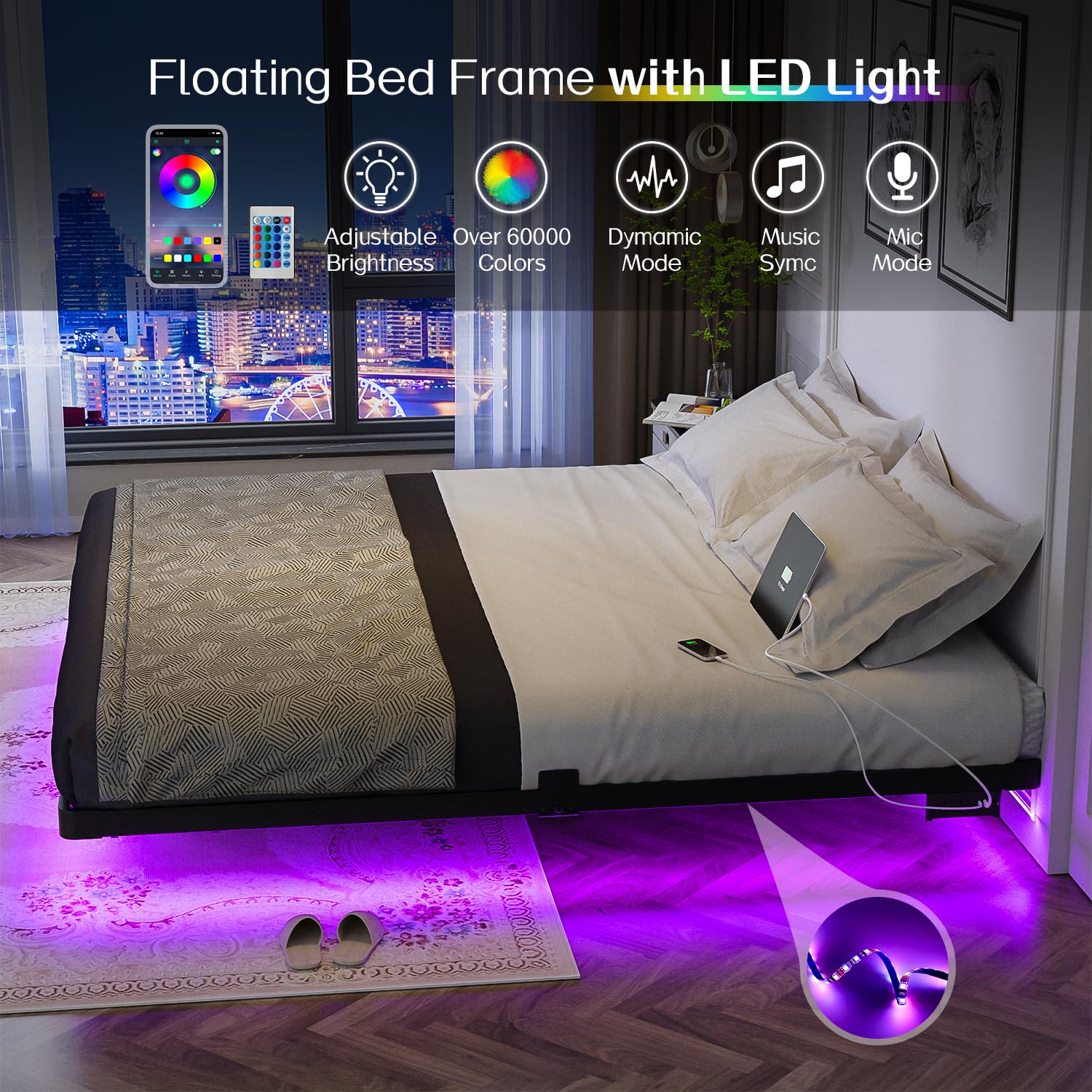 OLEVS Floating Bed Frame Full Size with Smart LED Lights and Charging Station - Modern Metal Platform Bed, Easy Assembly No Box Spring Needed
