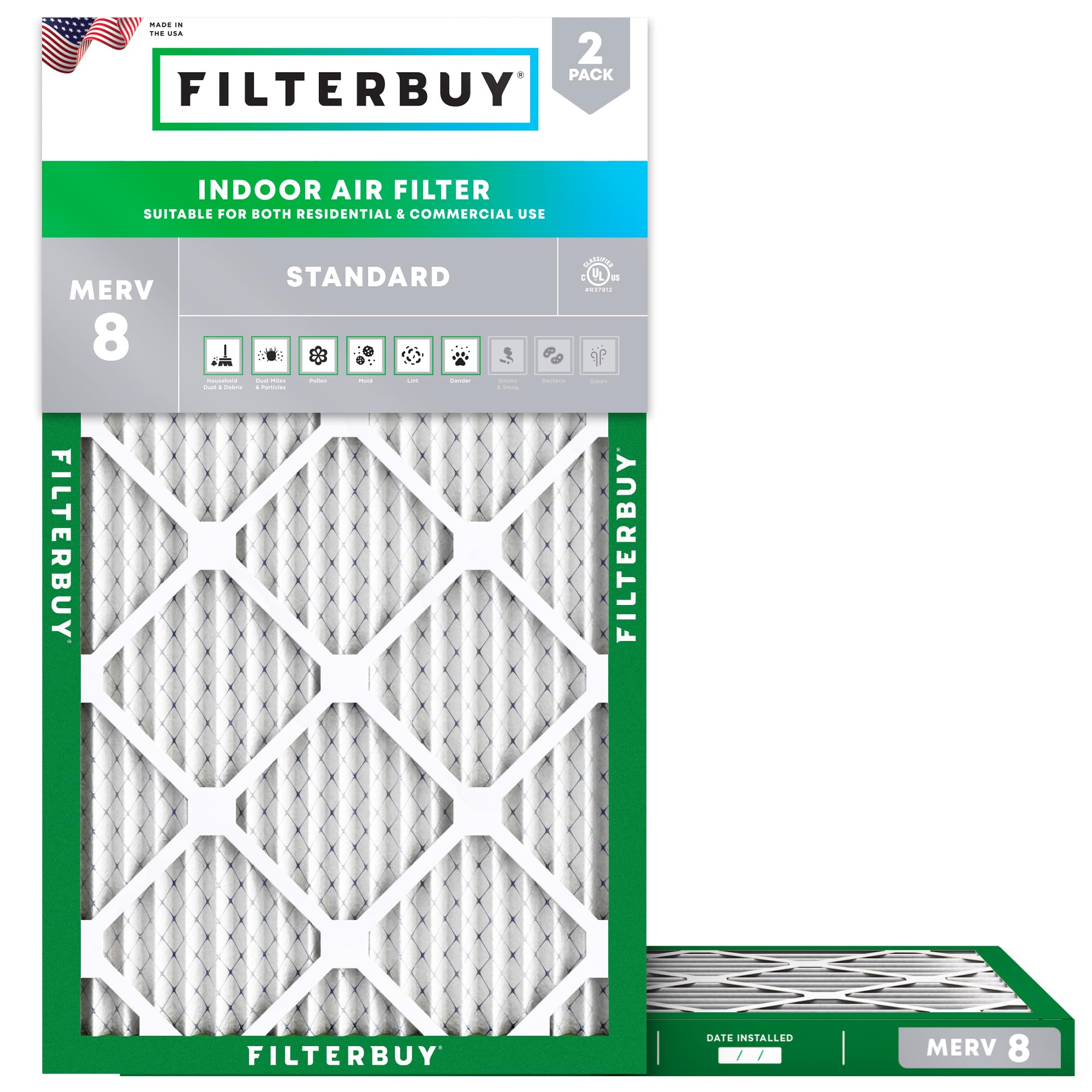 Filterbuy 8x14x1 Air Filter MERV 8 Essential Dust & Allergy Defense (2-Pack), Electrostatic Pleated HVAC AC Furnace Filters Replacement, Made in USA (Actual Size: 7.50 x 13.50 x 0.75)