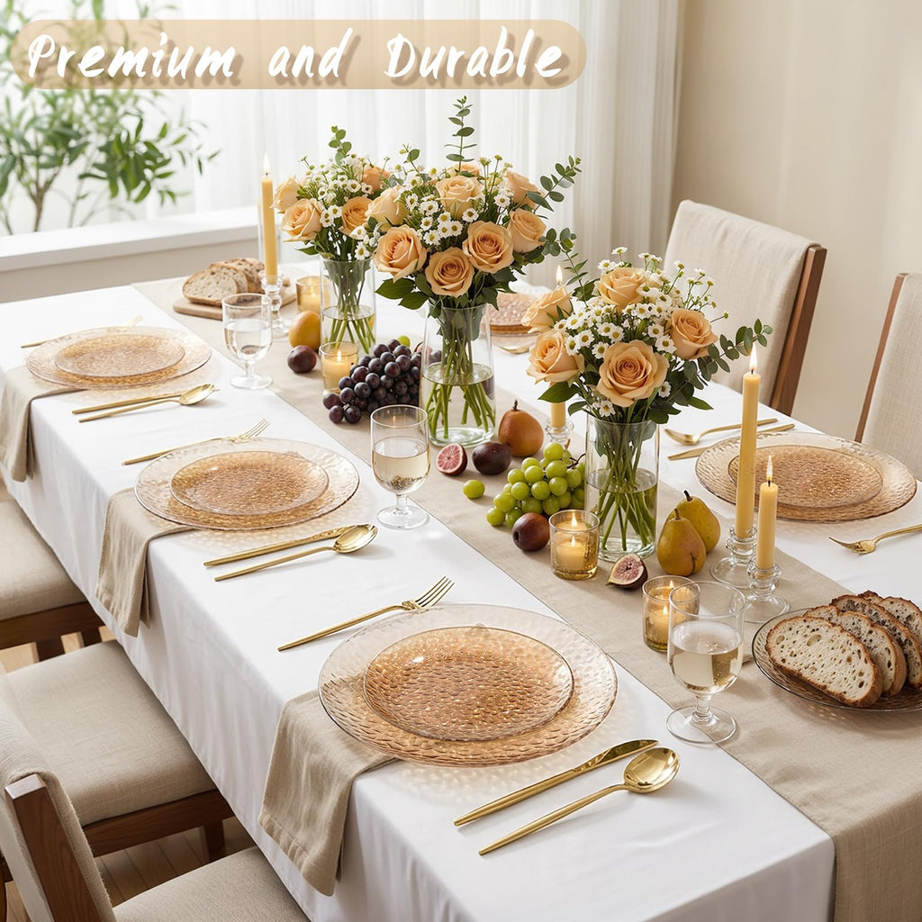 Rubtlamp 100Pcs Amber Gold Plastic Plates, Disposable Plates With Gold Rim, Heavy-duty Party Platos, Hammered Plastic Plates Include 50 Clear Dessert Plates, 50 Dinner Plates for Party