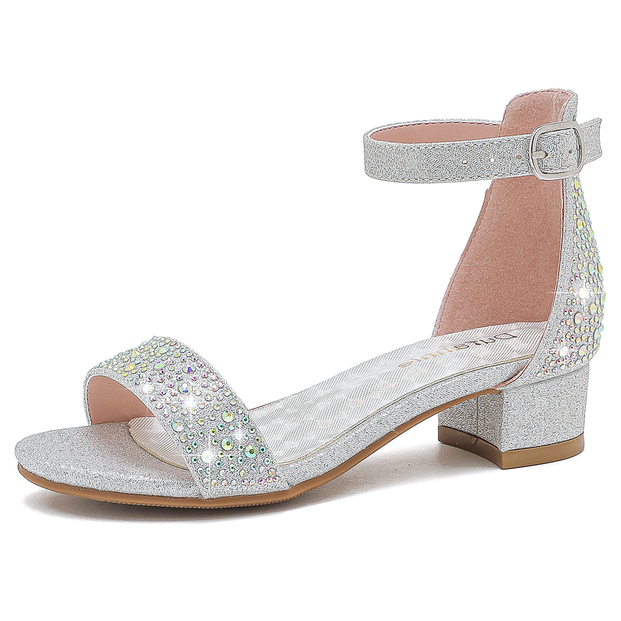 Dufannie Girls Sandals Low Heels Dress Pump Ankle Strap Open Toe Flower Girl Wedding Party for Toddler Little Big Kid