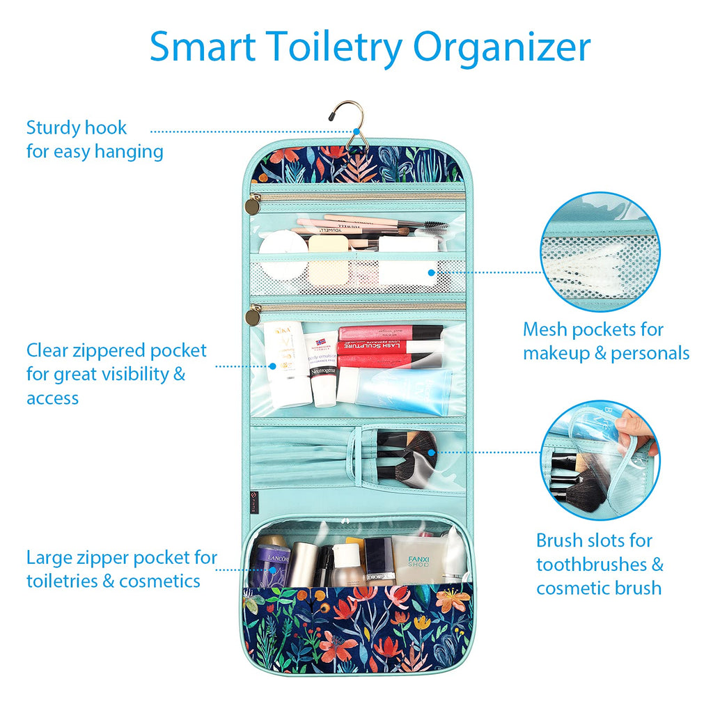 FINTIE Portable Toiletry Cosmetic Travel Bag, Large Water Resistant Hanging Makeup Organizer Storage Pouch Case for Women Girls (Blooming Hibiscus)