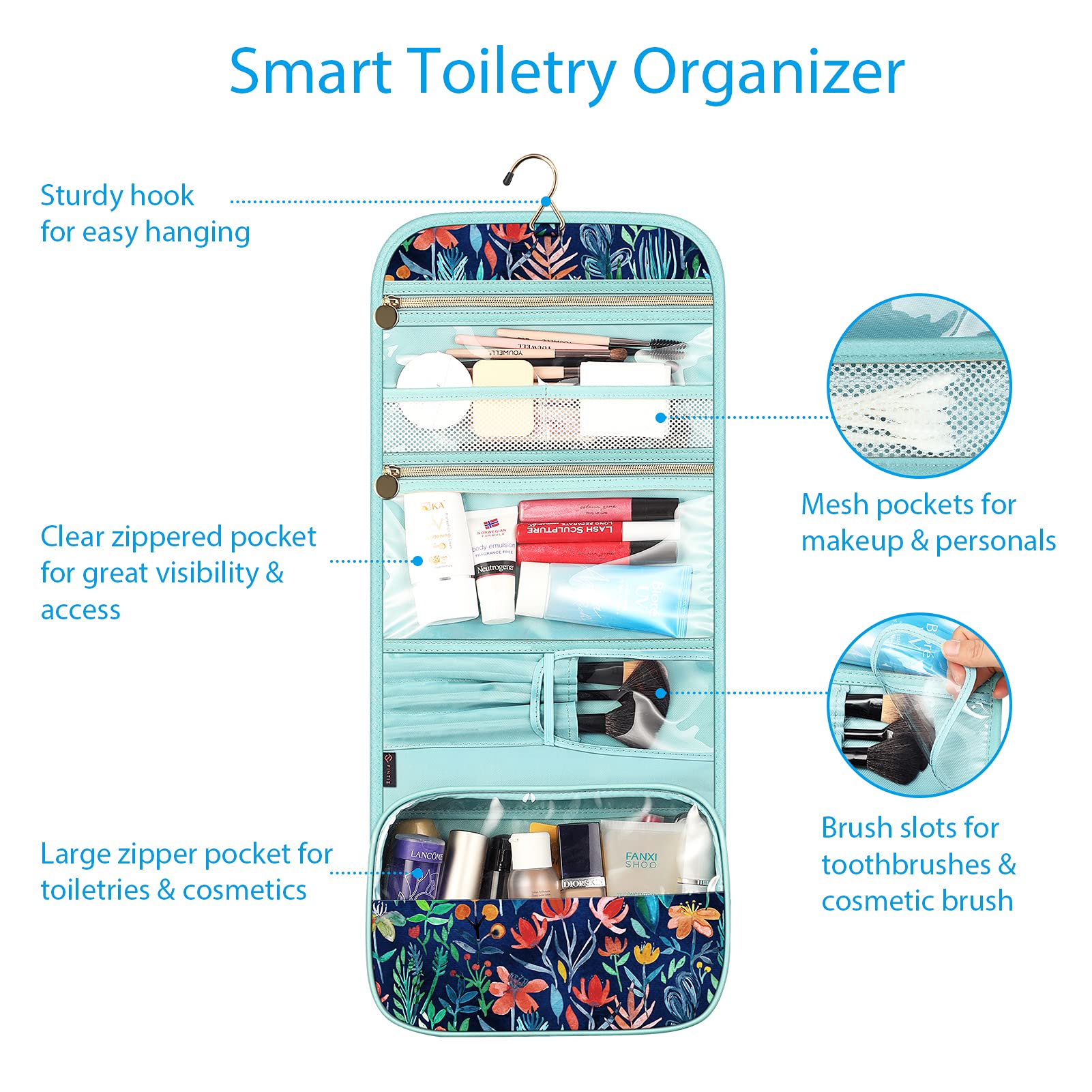 FINTIE Portable Toiletry Cosmetic Travel Bag, Large Water Resistant Hanging Makeup Organizer Storage Pouch Case for Women Girls (Blooming Hibiscus)