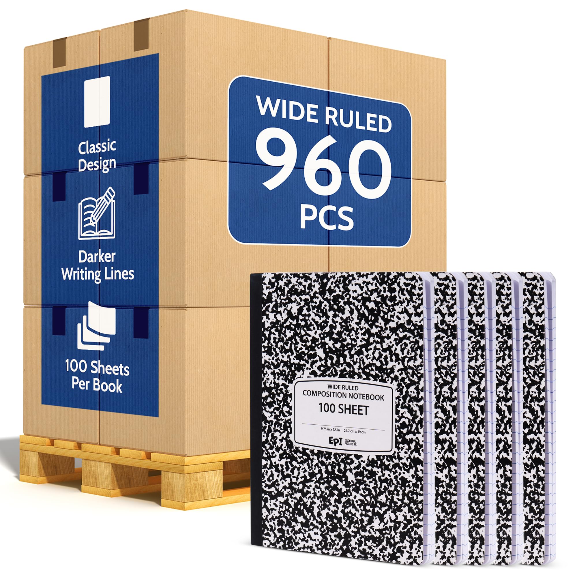 3 Pack - EPI Marble Hardcover Wide Ruled Composition Notebook | 200 Pages (100 Sheets), 9.75 x 7.5 in, Sturdy Sewn Binding | School, Office, Journaling, Notes