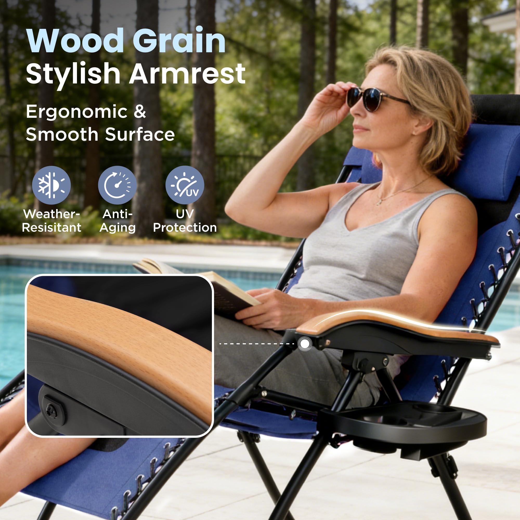 PHI VILLA XXL Oversized Padded Zero Gravity Chair Set of 2, Foldable Patio Recliner, 30" Wide Seat Anti Gravity Lounger with Armrest and Cup Holder, Support 400 LBS (Aqua Blue)