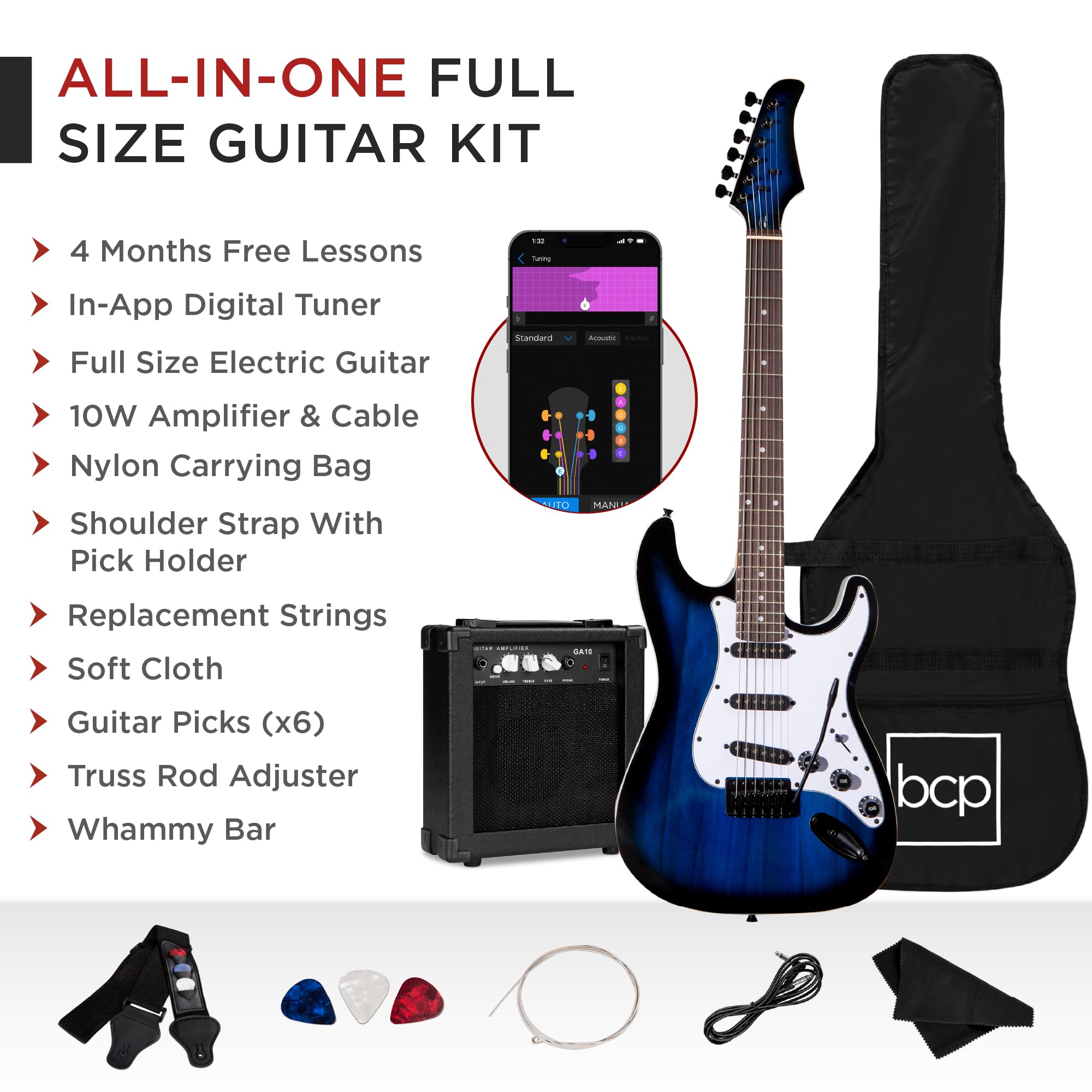 Best Choice Products 39in Full Size Beginner Electric Guitar Starter Kit w/Case, Strap, 10W Amp, Strings, Pick, Tremolo Bar - 3 Color Sunburst