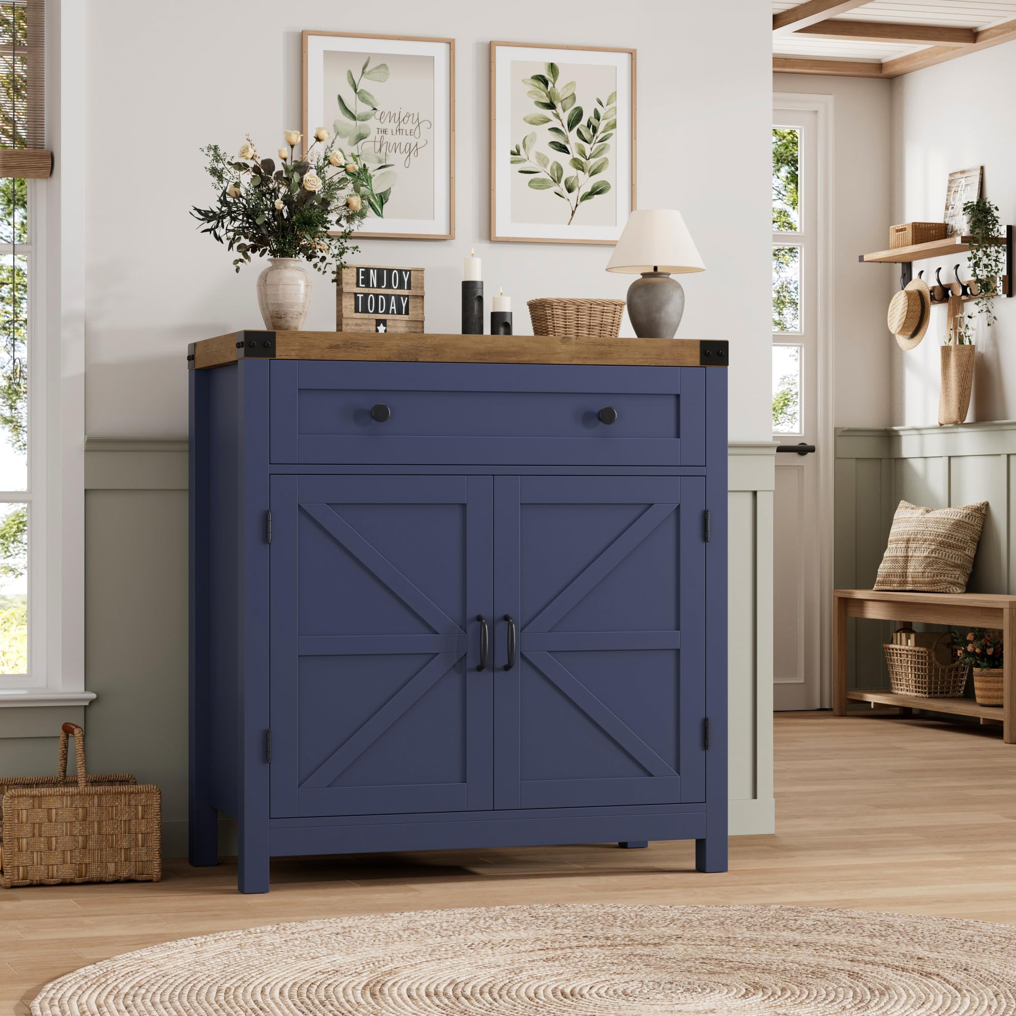 HOSTACK Coffee Bar Cabinet, Kitchen Storage Cabinet, Modern Farmhouse Buffet Sideboard with Drawer and Adjustable Shelf, Barn Door Accent Cabinets for Kitchen, Dining Room, Entryway, Ash Grey