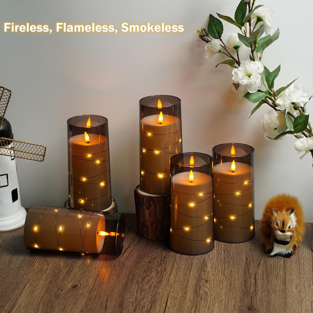 Flickering Flameless Candles with Remote Timer, 6pcs LED Battery Operated Candles with Embedded String Lights Red, Same Size D3 H6