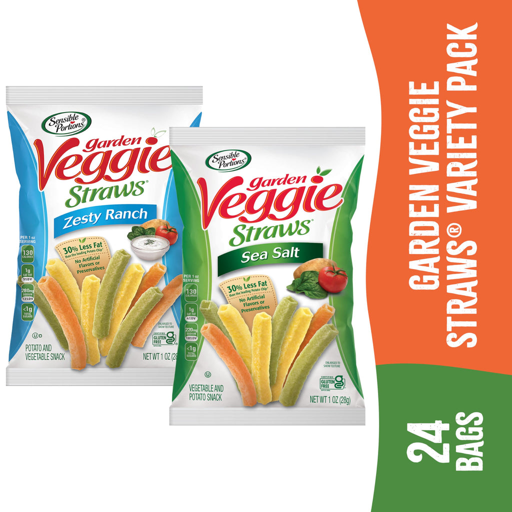 Sensible Portions Garden Veggie Snacks - Veggie Straws, Snack Size Variety Pack, Sea Salt & Zesty Ranch, 1 Oz (Pack of 24)