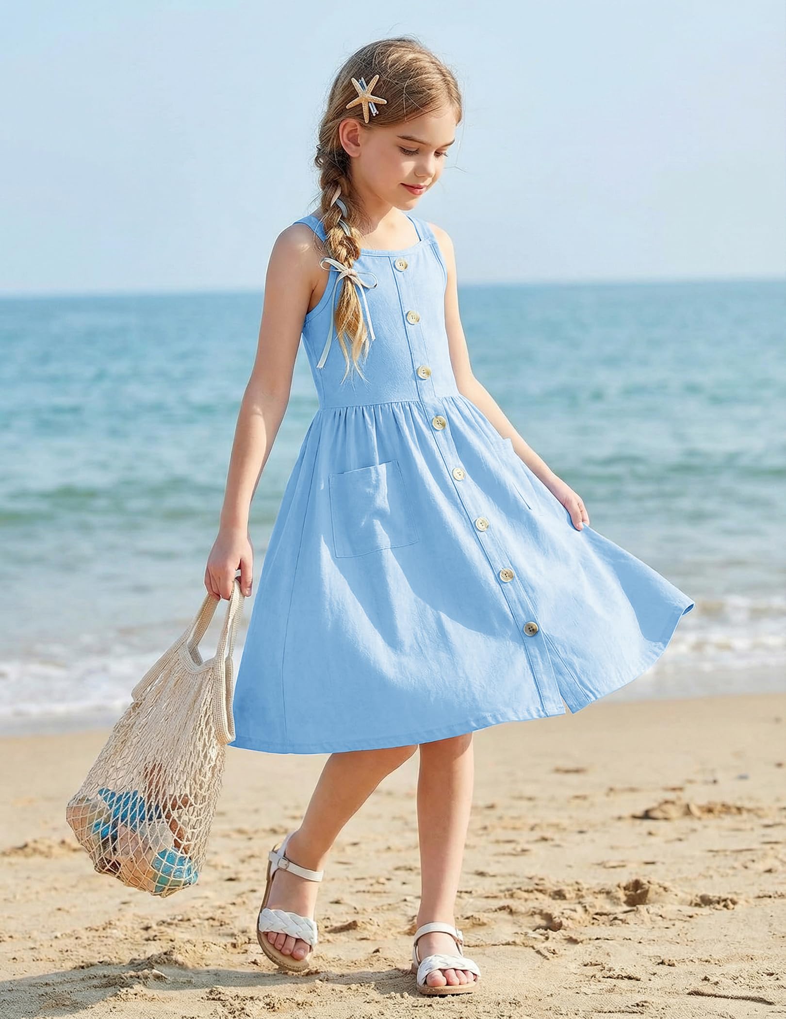 Arshiner Girl's Spaghetti Strap Button Down Midi Sleeveless Summer Casual Sundress A-line Dress with Pockets