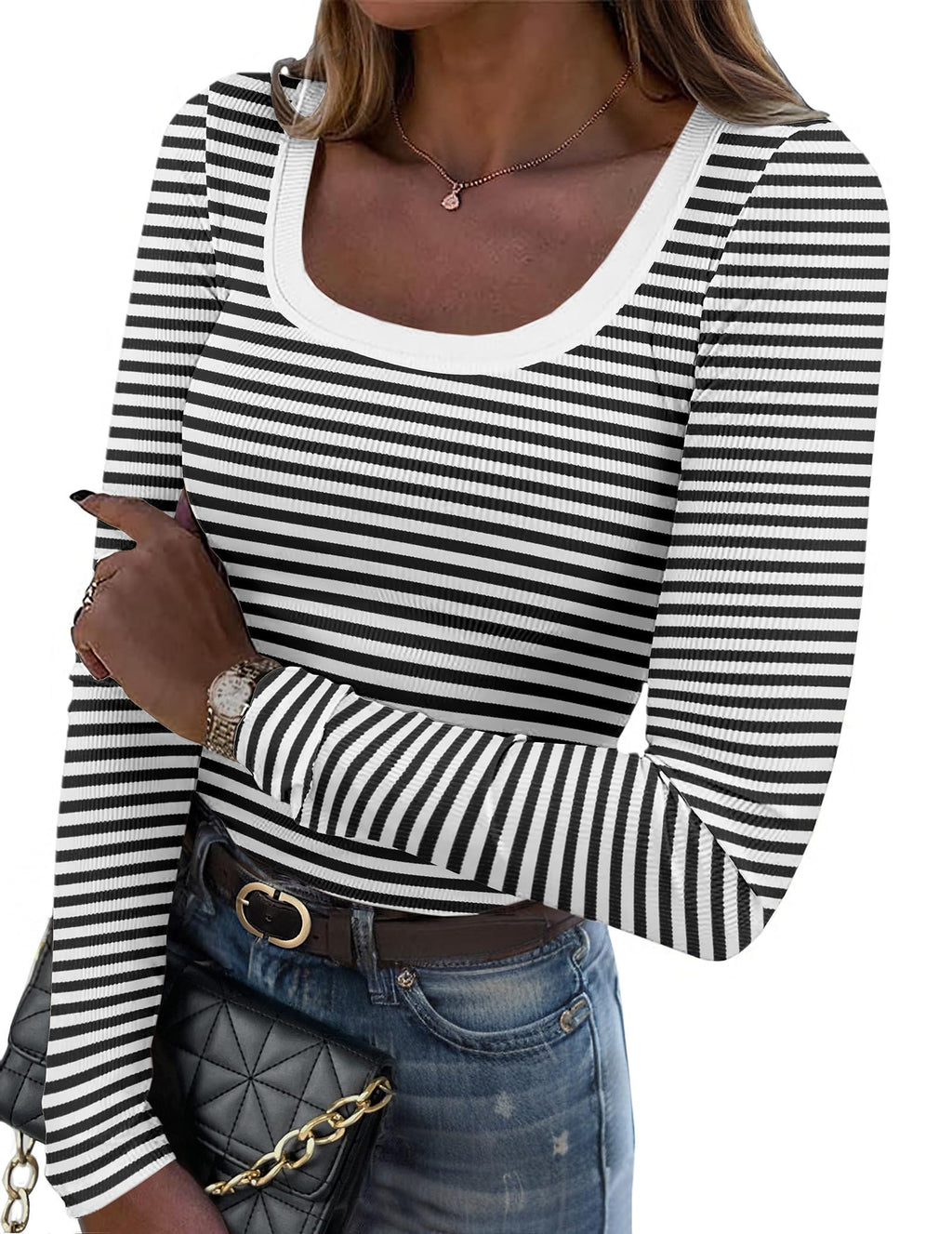 Zeagoo Women's Long Sleeve Scoop Neck Shirts Casual Slim Fit Rib Knit Tops Summer Fall Basic Business Work Tee