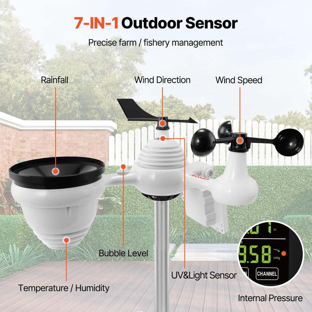 VEVOR 5-in-1 Wireless Weather Station, 7.5-Inch VA Display, Solar Powered Outdoor Sensor, Rain Gauge, Indoor Outdoor for Weather Forecast, Temperature, Humidity, Wind Speed and Direction (No WiFi)