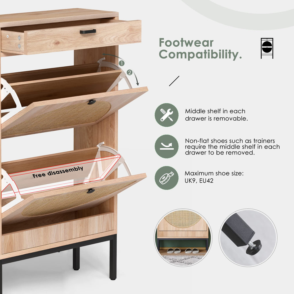 Yechen Shoe Rack Storage Organizer with 2 Natural Semi-Circular Rattan Doors, Entryway Wooden Shoe Cabinet for Sneakers, Leather Shoes, Heels, Slippers (Black)
