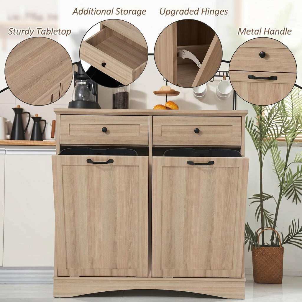 AHB Double Tilt Out Trash Can Cabinet Freestanding Kitchen Trash Can, 2x13 Gallons Hidden Garbage Recycling Cabinet with Hideaway Drawers Pet Proof Trash Can Holder for Kitchen, Antique White