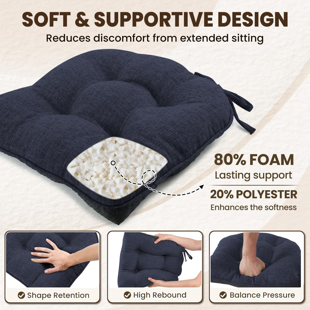 downluxe Indoor Chair Cushions for Dining Chairs, Tufted Overstuffed Textured Kitchen Chair Pads with Ties and Non-Slip Backing, 15.5" x 15.5" x 4", Aqua Blue, 4 Pack