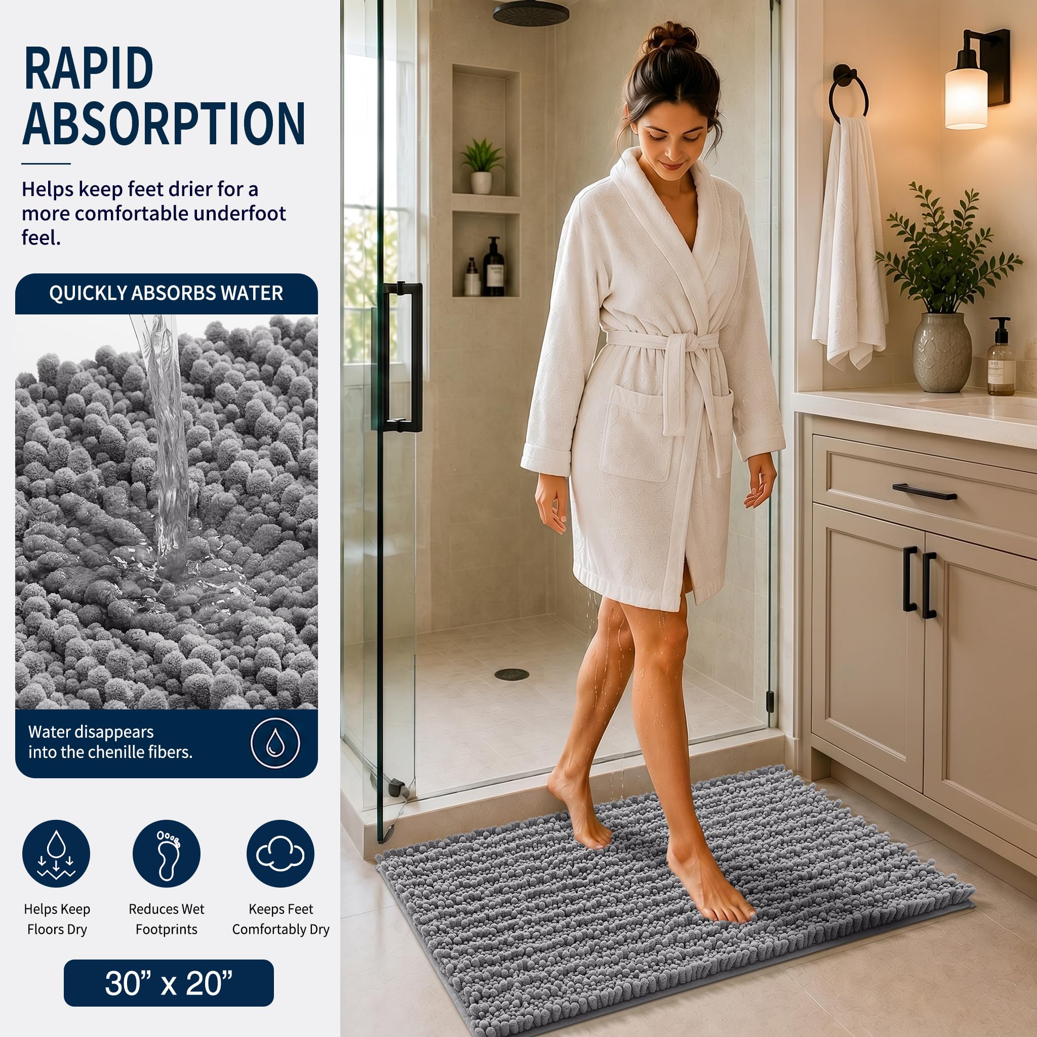 Yimobra Black Bathroom Rug Set 3 Piece - Super Absorbent Quick Dry Chenille Bath Mats & Toilet Rug, Non Slip Machine Washable, Extra Thick Shaggy Floor Mat for Shower Tub Sink