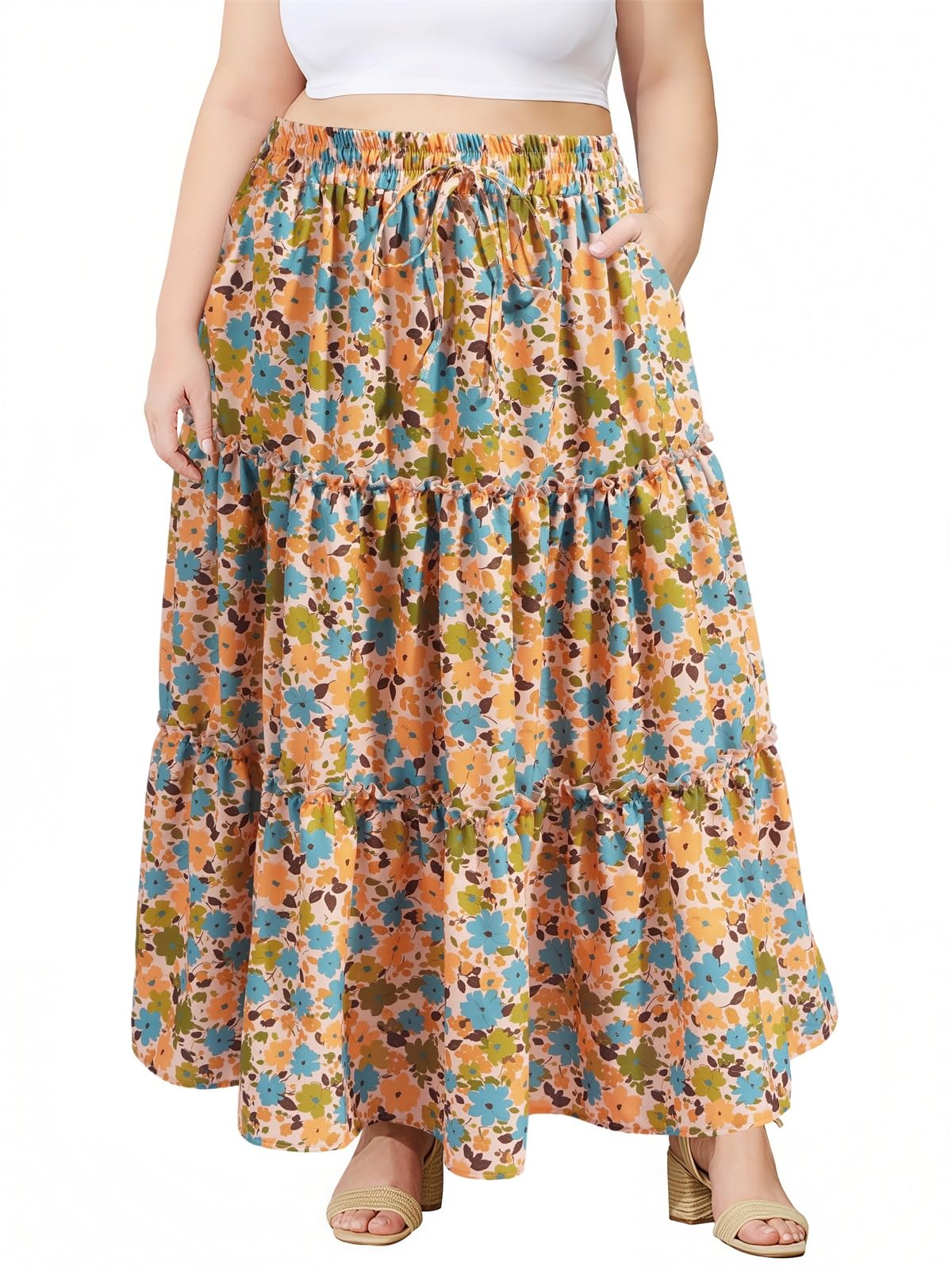 Moon Wood Plus Size Maxi Skirts for Women Trendy Long Flowy Boho Tiered Skirt Renaissance Summer Beach Skirt with Pockets