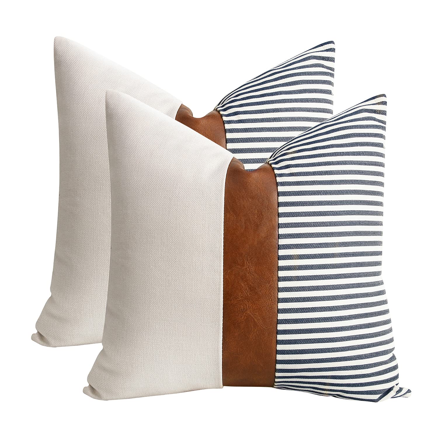 16x16 inch Pillow Covers Set of 2 Farmhouse Decor Stripe Patchwork Linen Throw Pillow Covers Modern Faux Leather Covers for Couch Sofa,Black